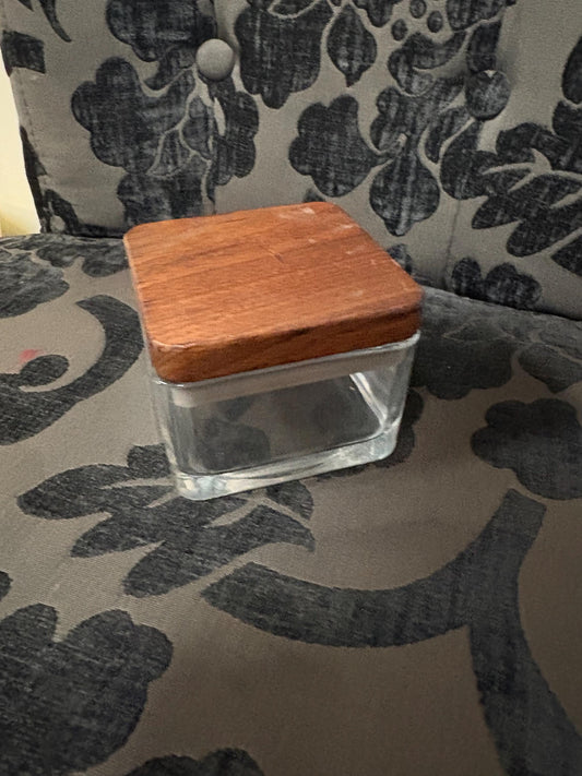 Vintage MCM vinatge teak lidded glass jar  3 x 3 x 3  wonderful quality and condition and ready to gift or use