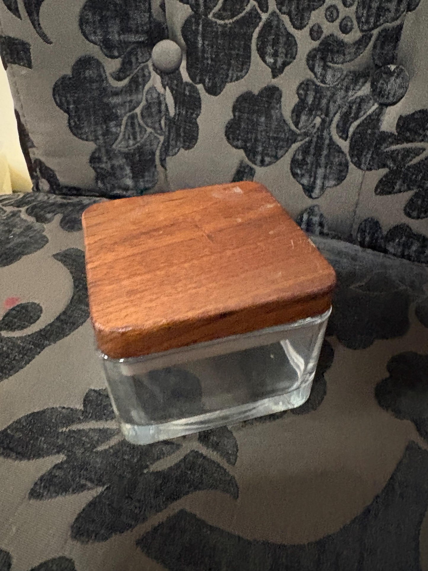Vintage MCM vinatge teak lidded glass jar  3 x 3 x 3  wonderful quality and condition and ready to gift or use