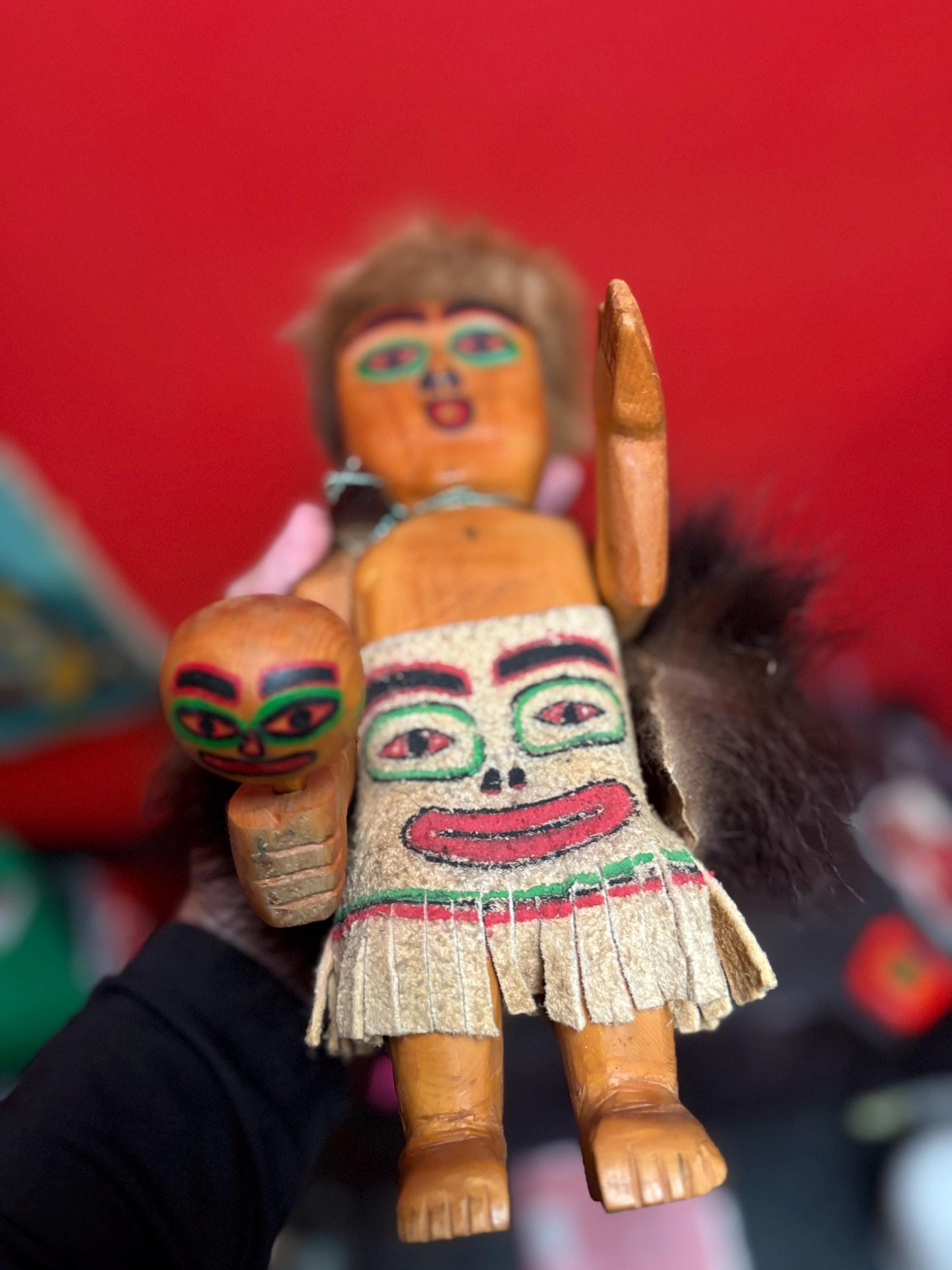 Stunning museum quality antique indigenous First Nations Pacific Northwest coast dancing doll with original fur cape  wow -