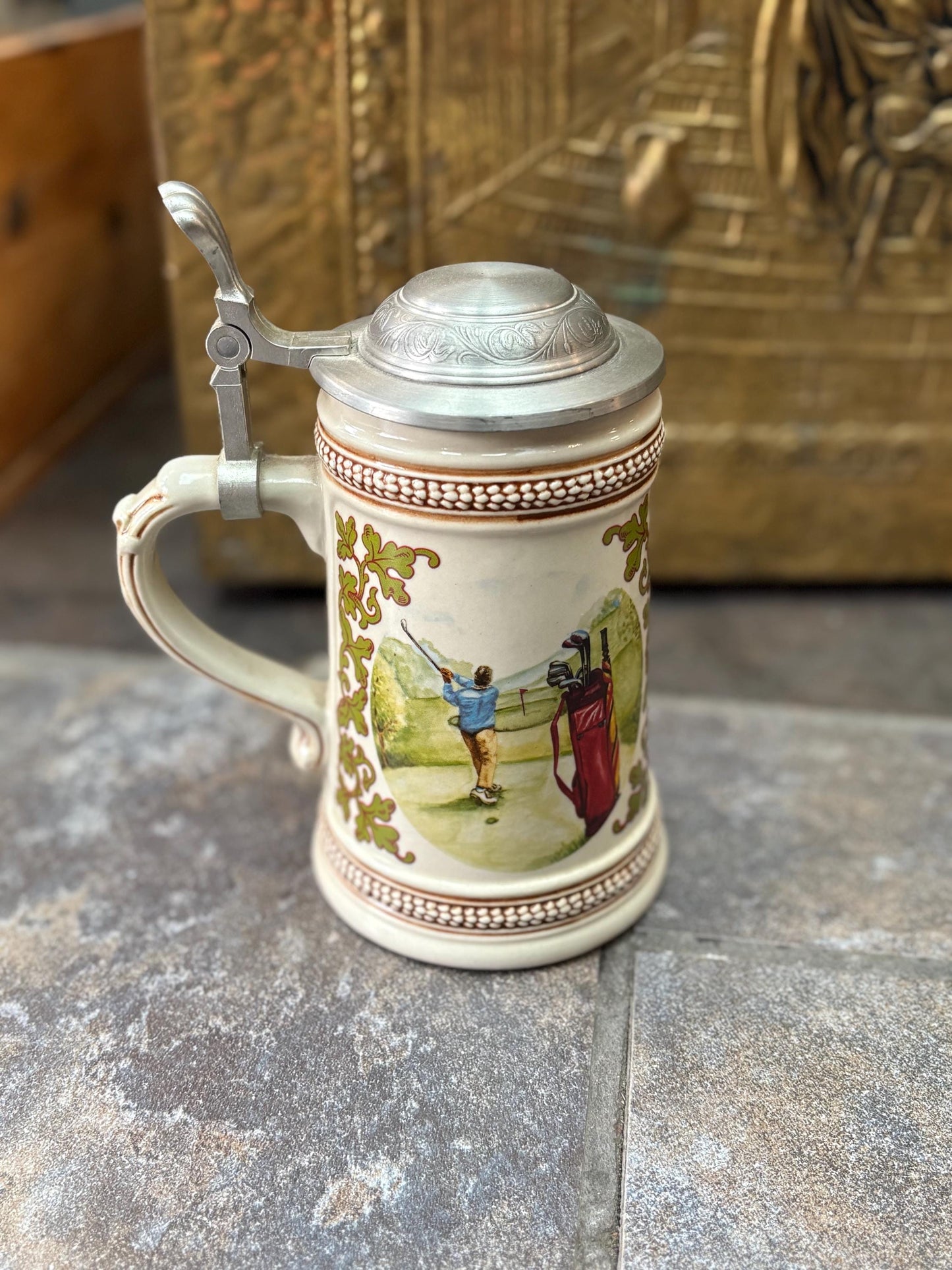 Beautiful vintage European 8 inch tall golfing stein  great condition  ready to use or gift