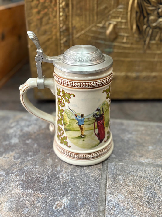 Beautiful vintage European 8 inch tall golfing stein  great condition  ready to use or gift