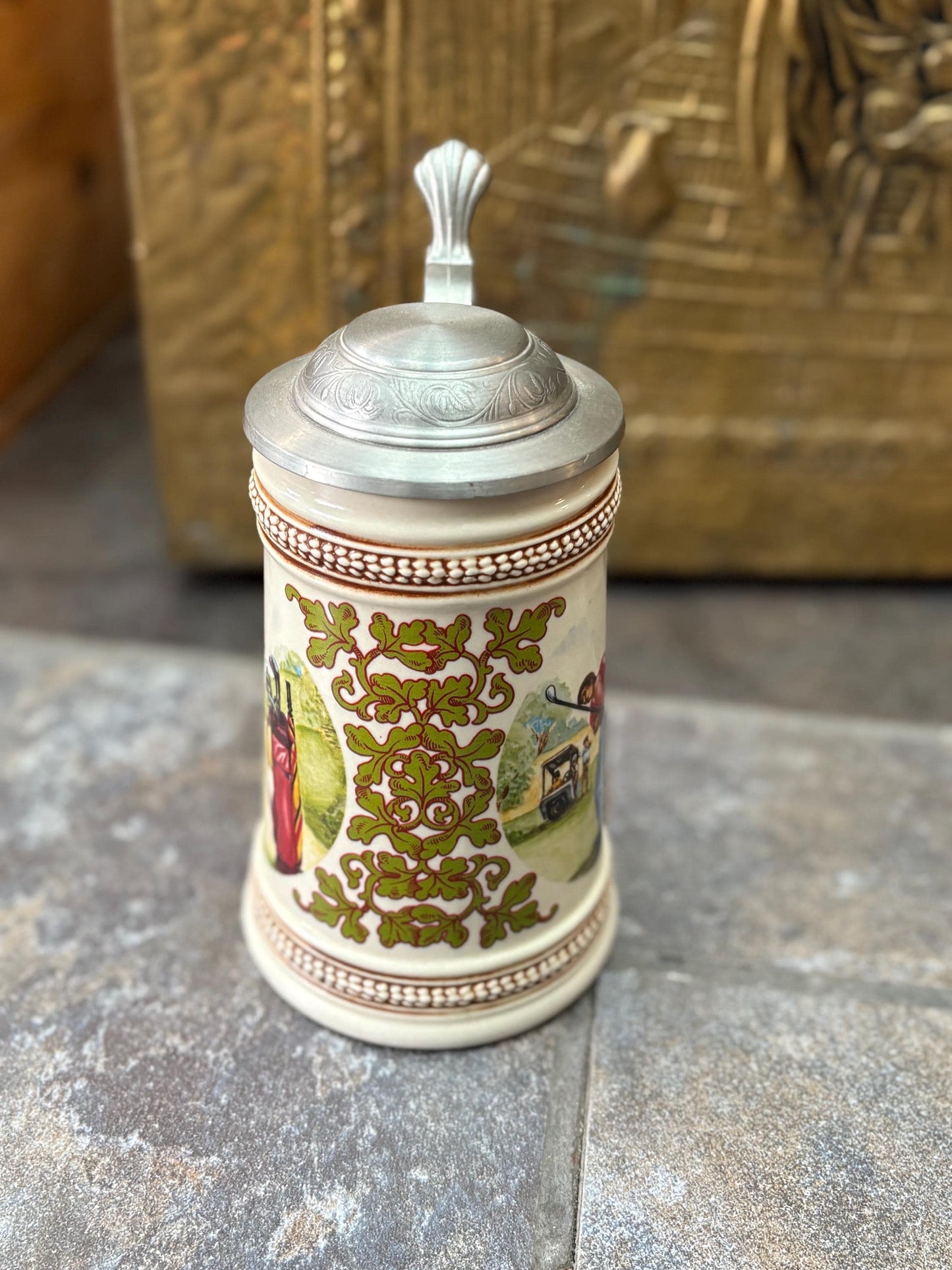 Beautiful vintage European 8 inch tall golfing stein  great condition  ready to use or gift