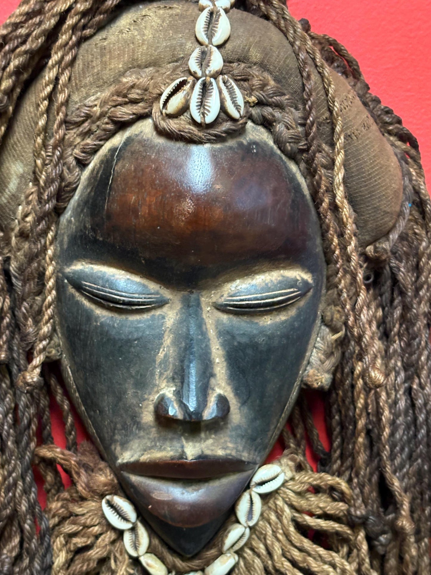 Authentic African tribal antique Dan mask - 15 x 10“ wide with hair - beautiful shells  a real stunner  great value