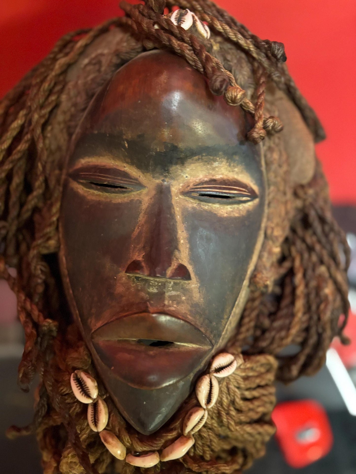 Authentic African tribal antique Dan mask - 15 x 10“ wide with hair - beautiful shells  a real stunner  great value