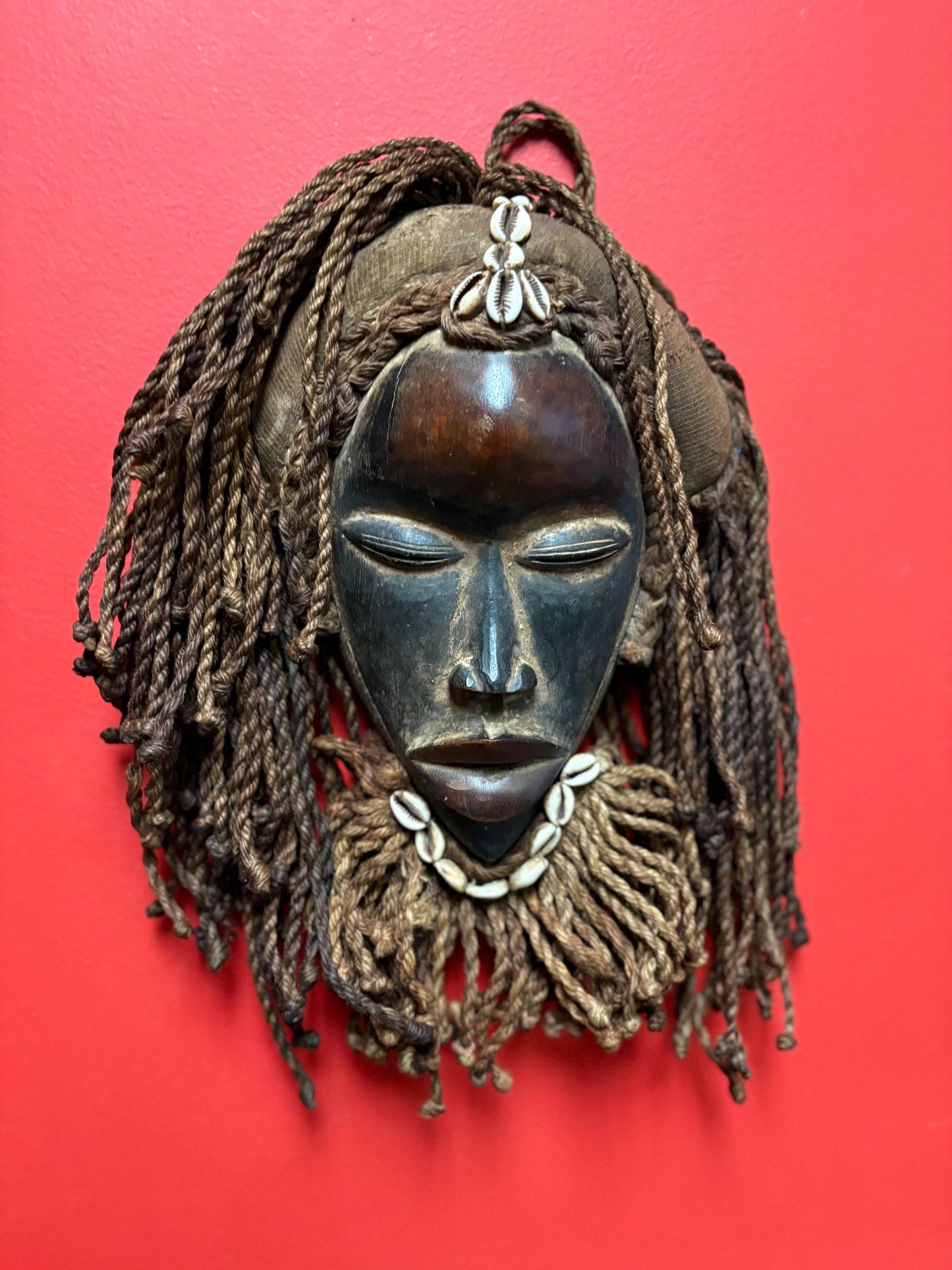 Authentic African tribal antique Dan mask - 15 x 10“ wide with hair - beautiful shells  a real stunner  great value