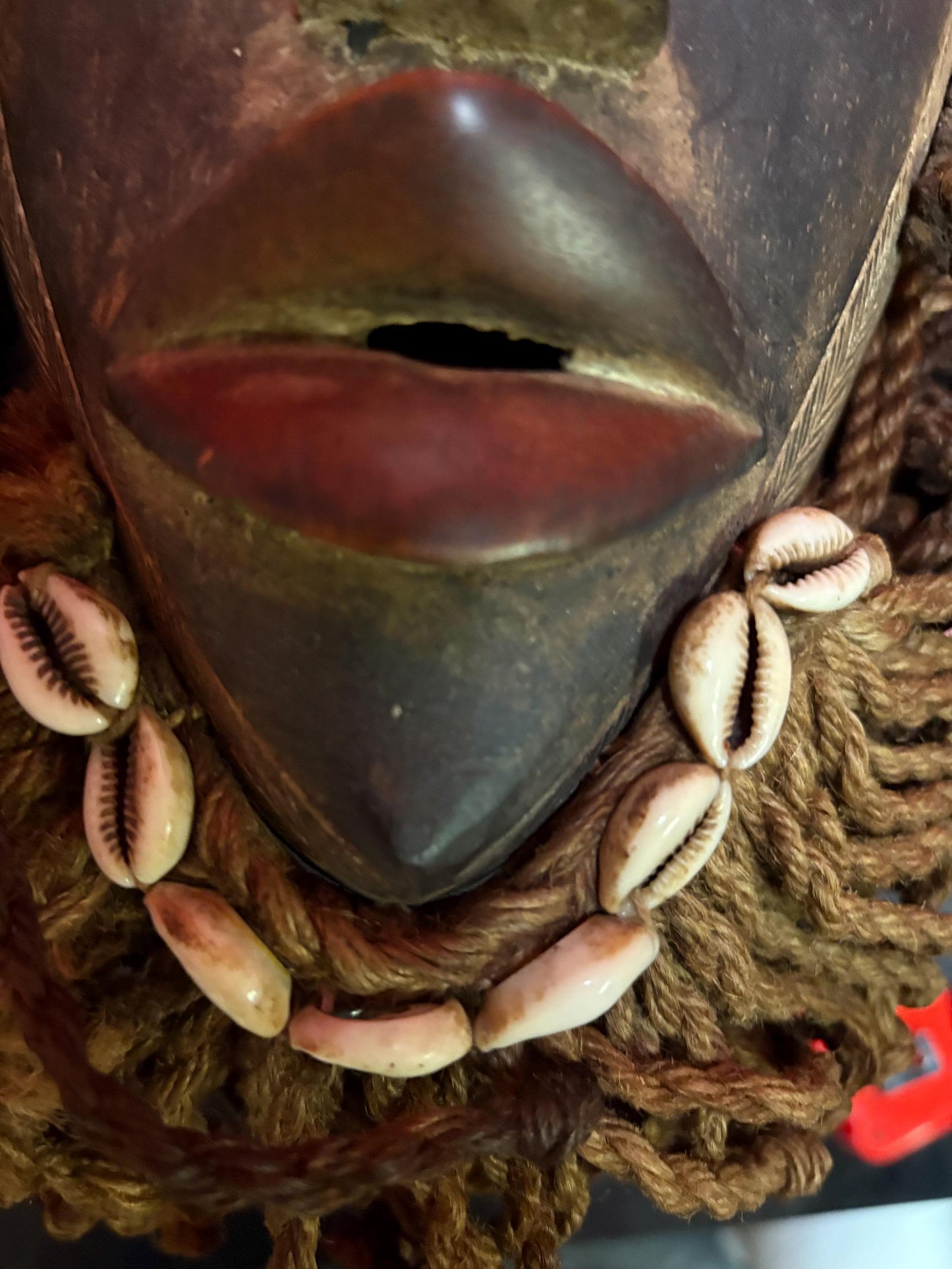 Authentic African tribal antique Dan mask - 15 x 10“ wide with hair - beautiful shells  a real stunner  great value