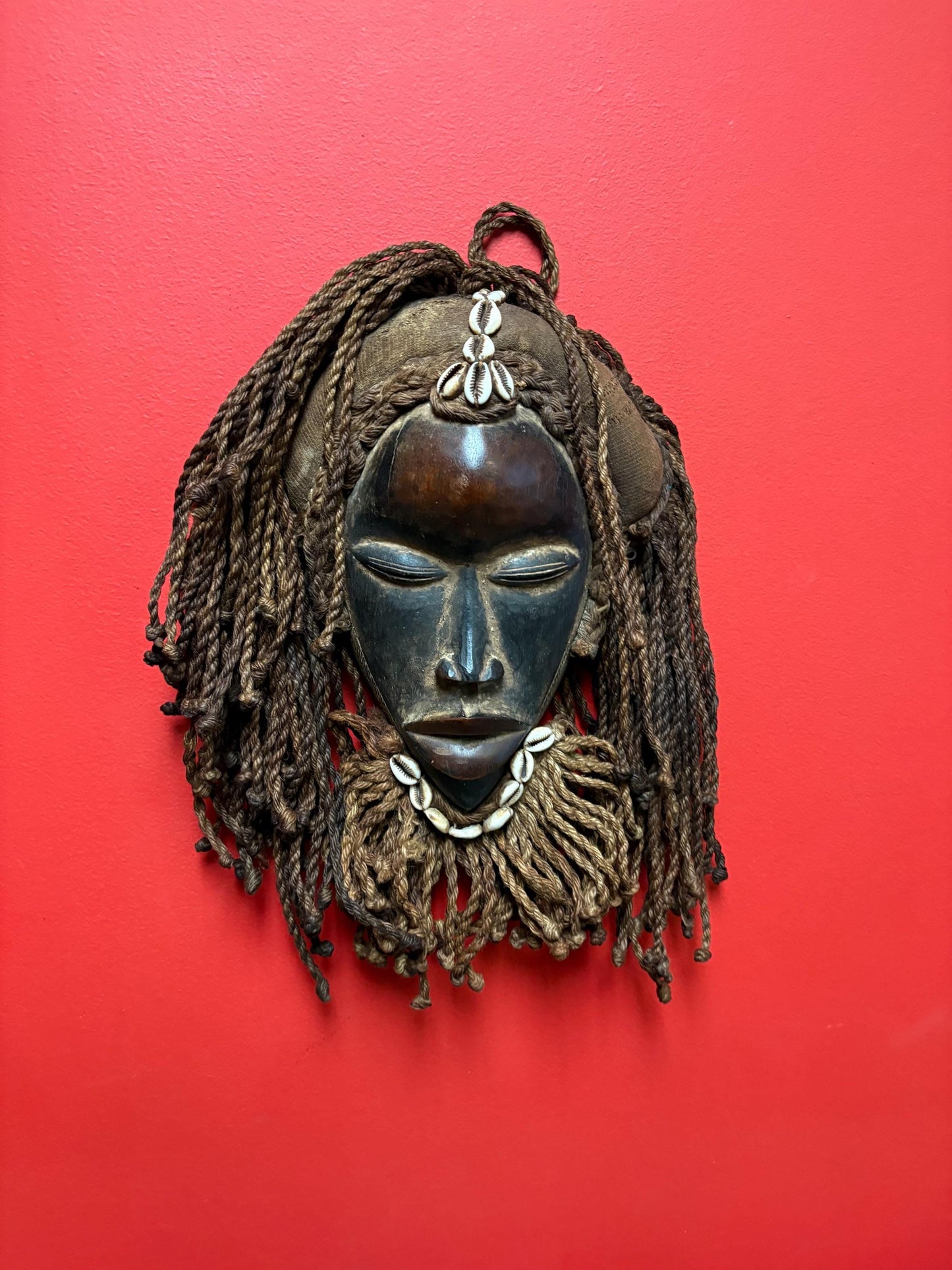 Authentic African tribal antique Dan mask - 15 x 10“ wide with hair - beautiful shells  a real stunner  great value