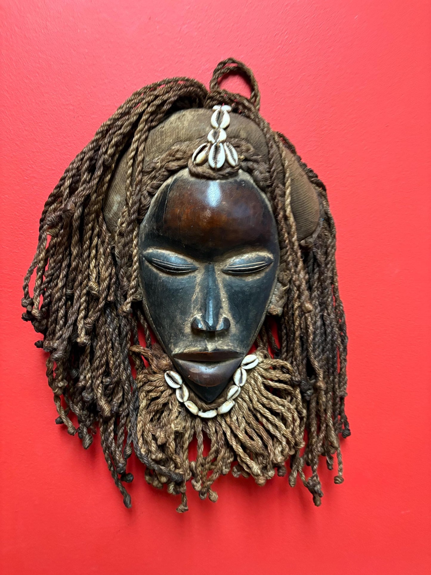 Authentic African tribal antique Dan mask - 15 x 10“ wide with hair - beautiful shells  a real stunner  great value