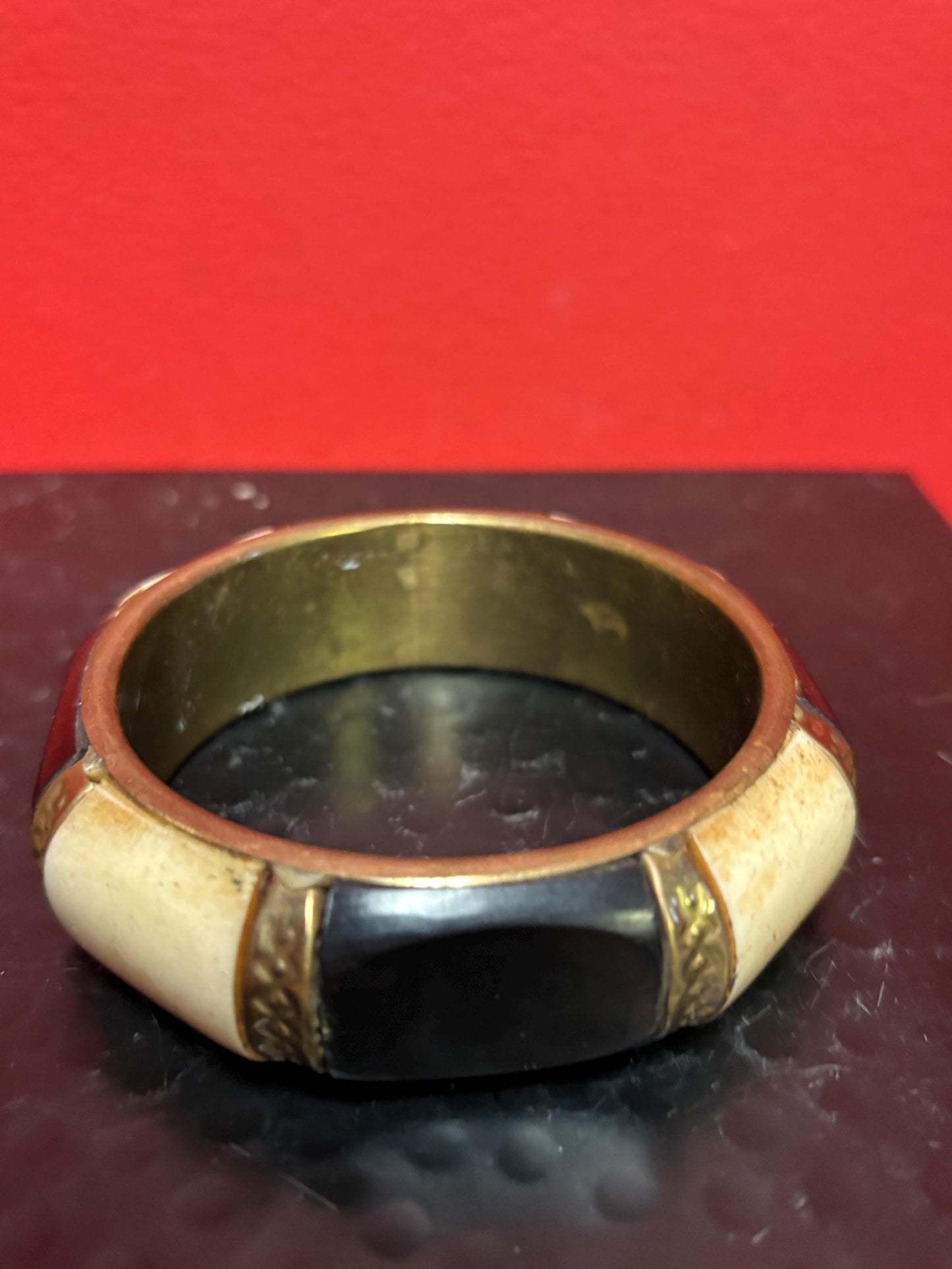 Beautiful vintage brass and bone Persian bracelet  3 inches across  great gift