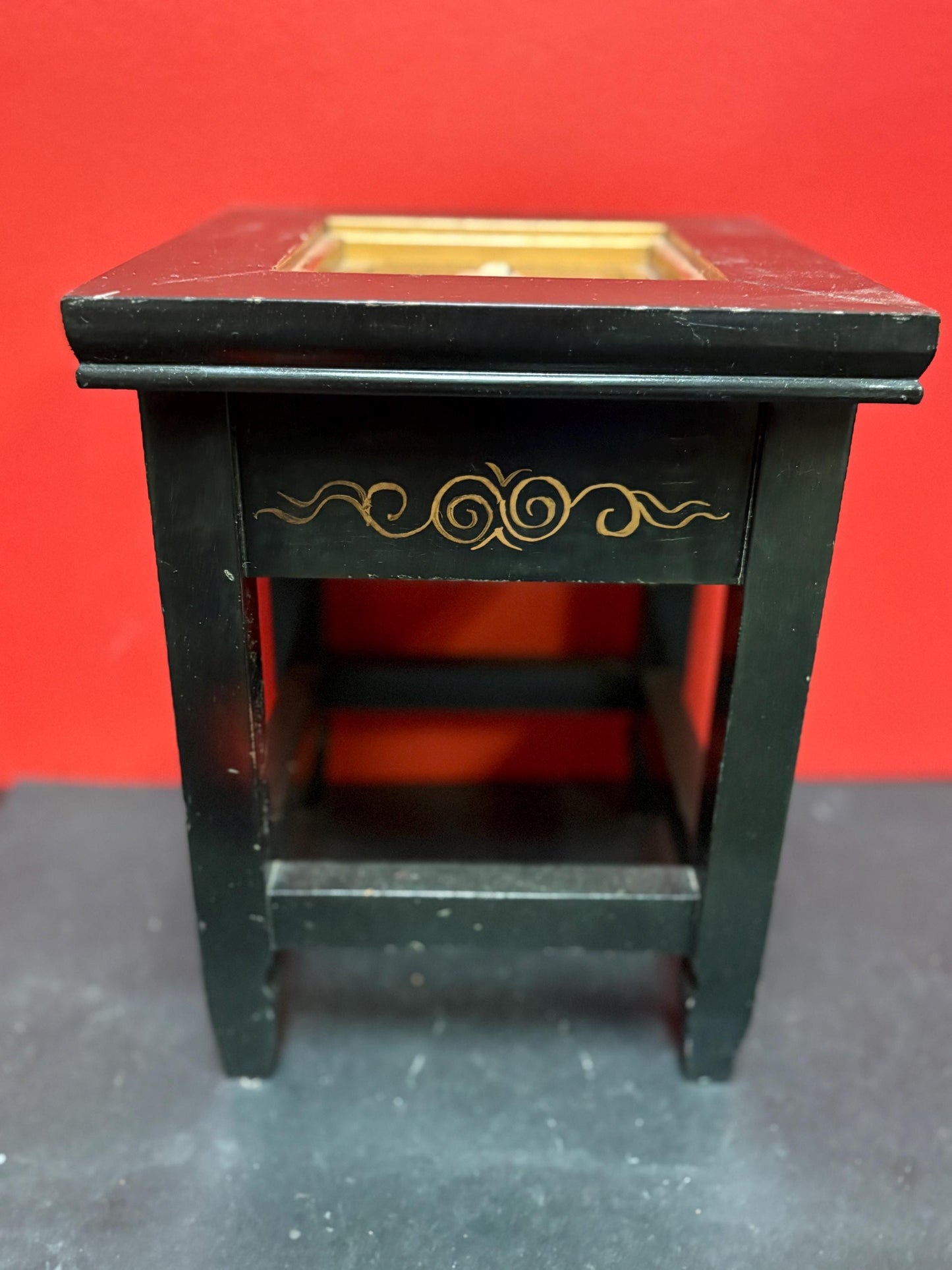 Stunning antique Japanese wood lacquer gilt and stone mini stool - 11 1/2 x 9 inches wide  great detail and condition  wow