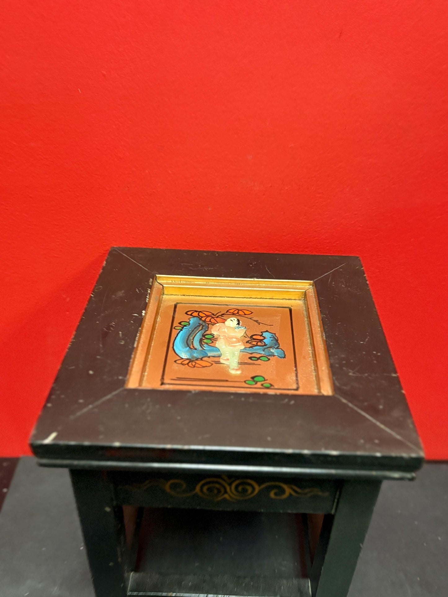 Stunning antique Japanese wood lacquer gilt and stone mini stool - 11 1/2 x 9 inches wide  great detail and condition  wow
