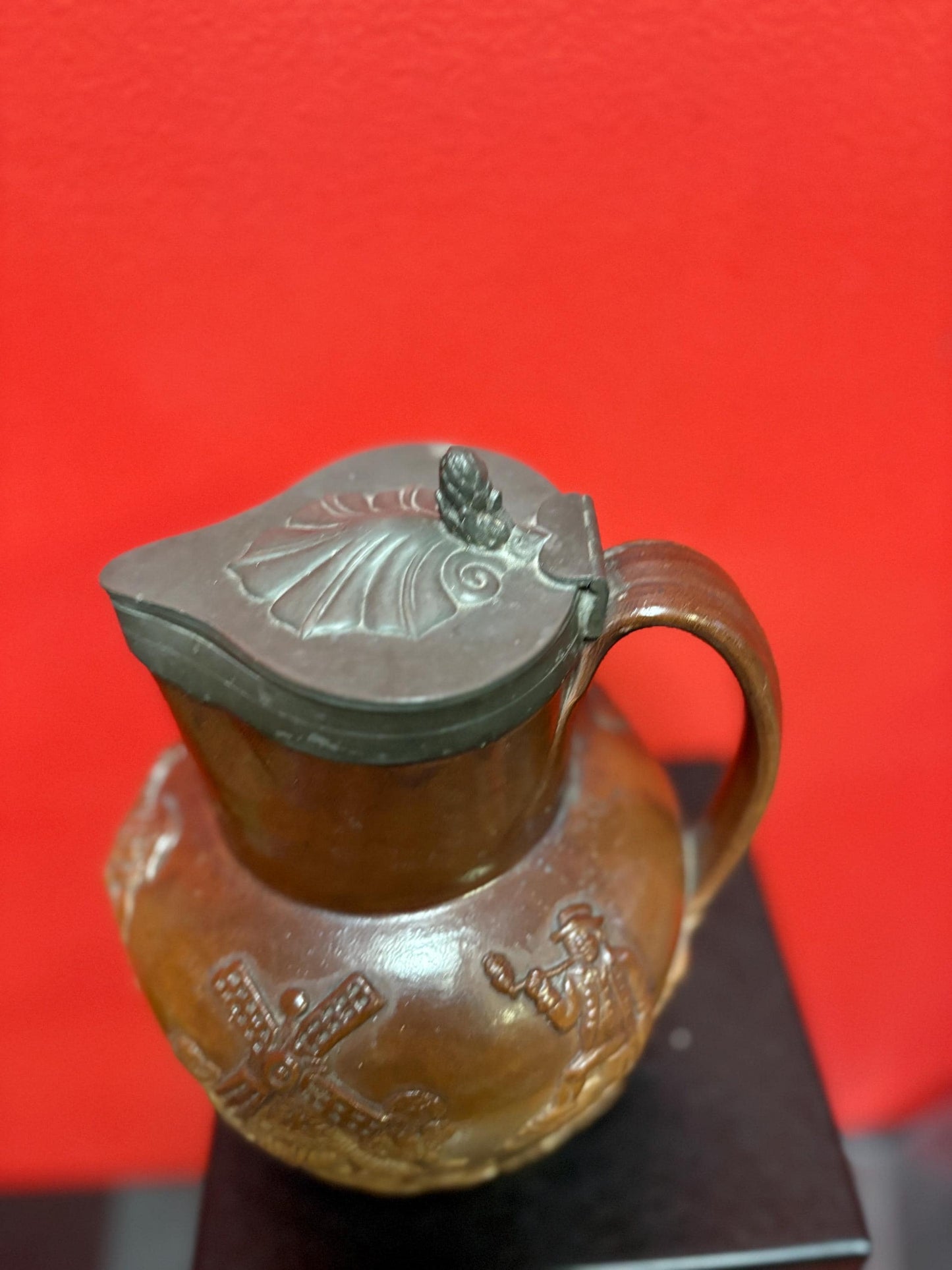 Beautiful English antique Royal Doulton style jug with pewter top great condition 8 inches tall- pewter top little loose hunting scene