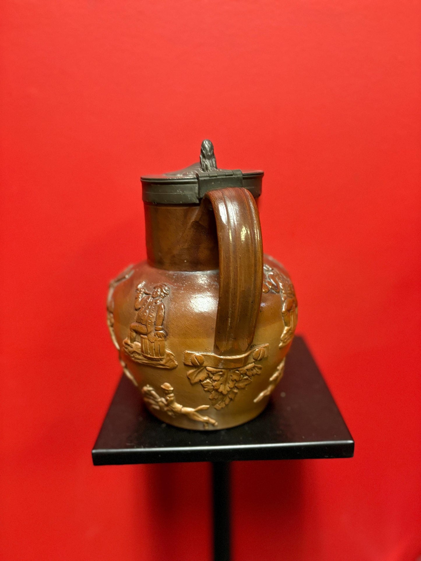 Beautiful English antique Royal Doulton style jug with pewter top great condition 8 inches tall- pewter top little loose hunting scene