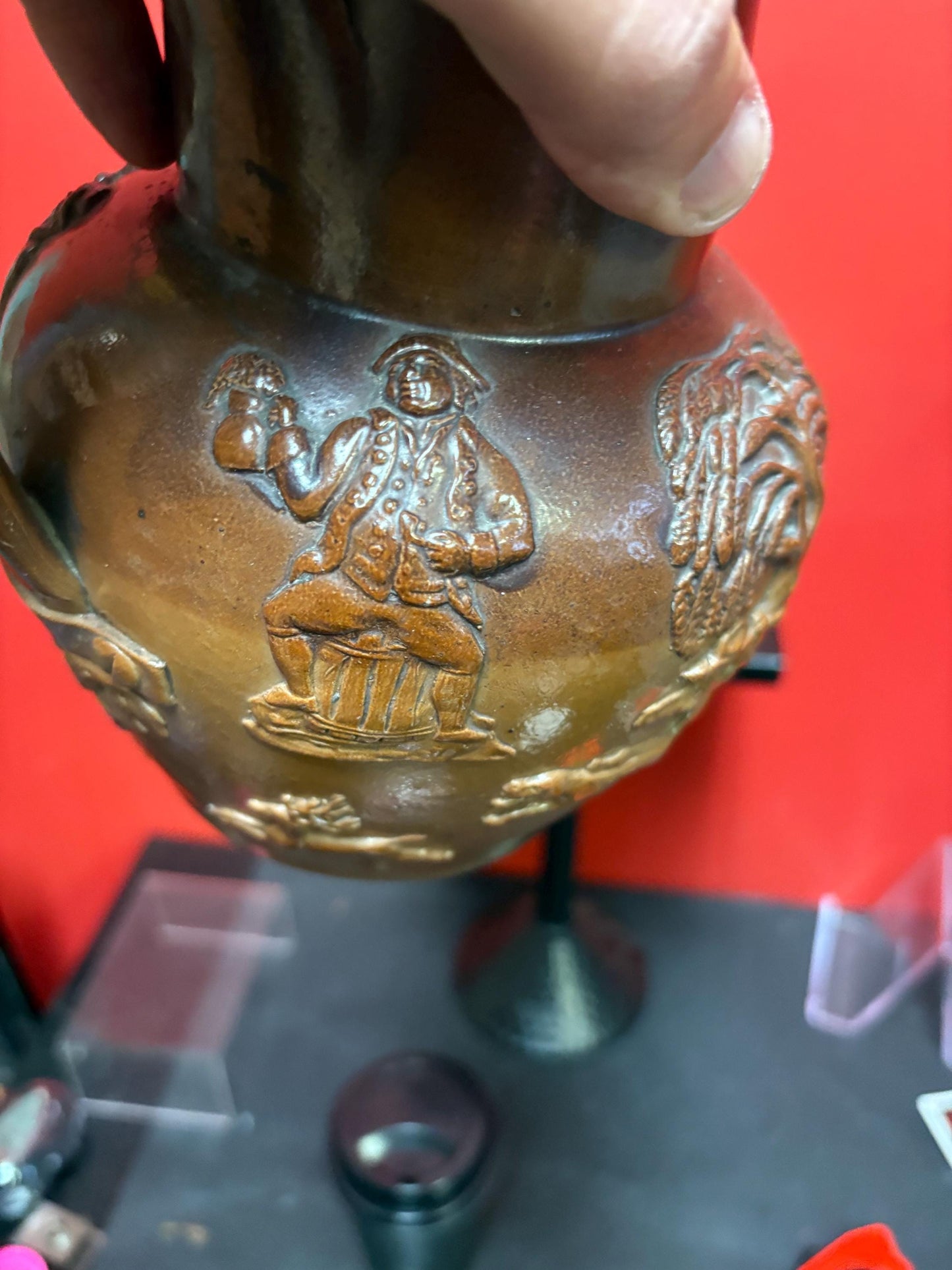 Beautiful English antique Royal Doulton style jug with pewter top great condition 8 inches tall- pewter top little loose hunting scene