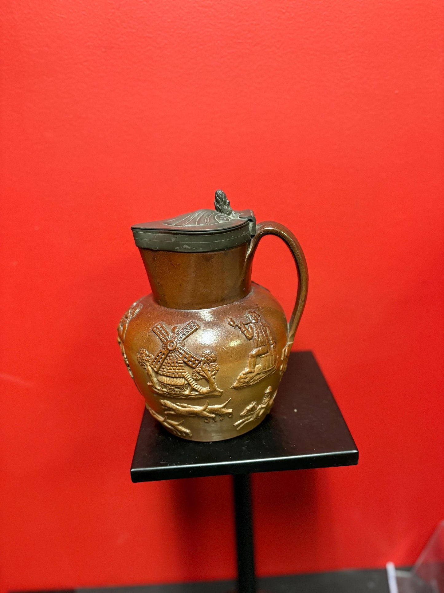 Beautiful English antique Royal Doulton style jug with pewter top great condition 8 inches tall- pewter top little loose hunting scene