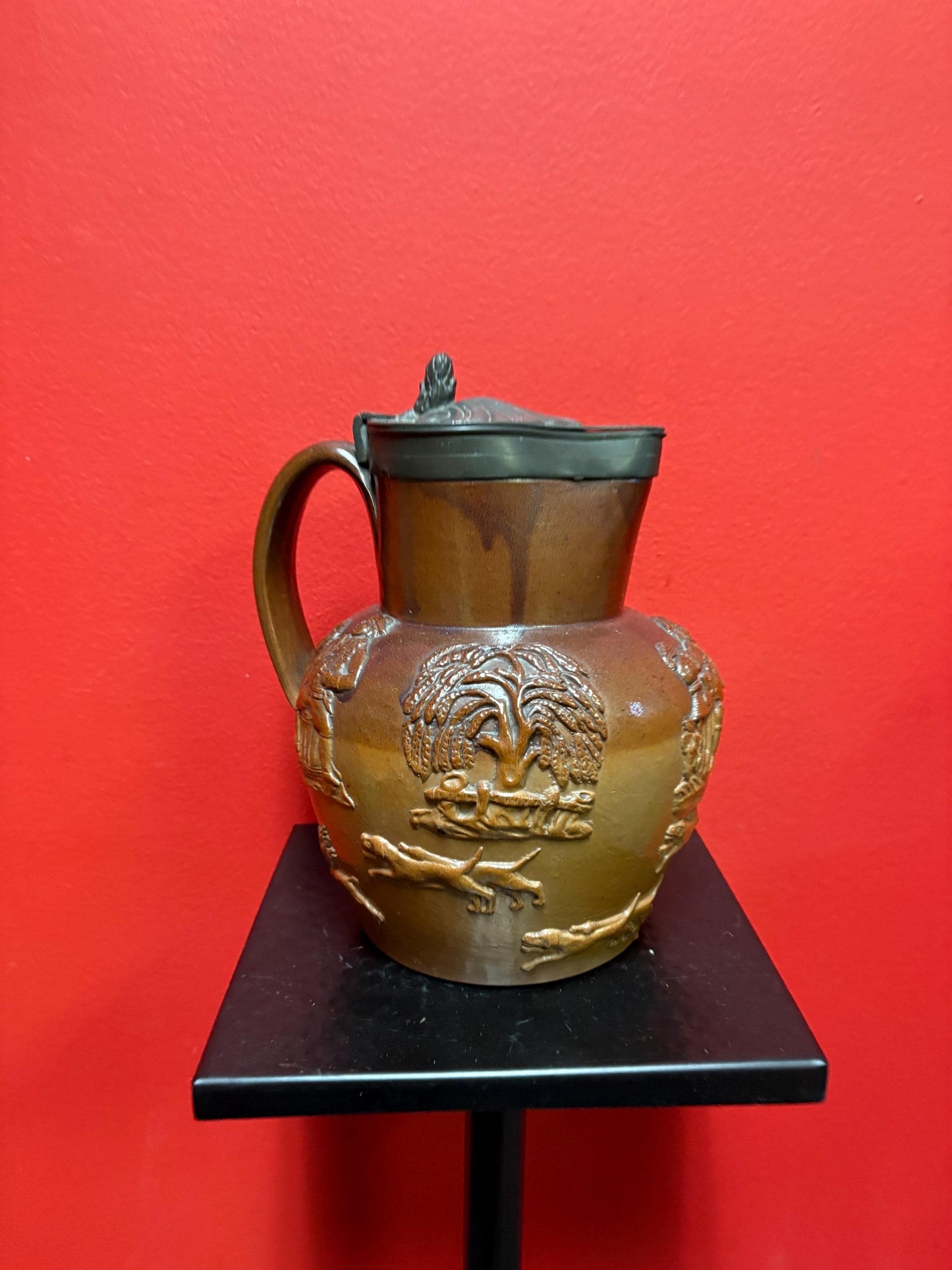 Beautiful English antique Royal Doulton style jug with pewter top great condition 8 inches tall- pewter top little loose hunting scene
