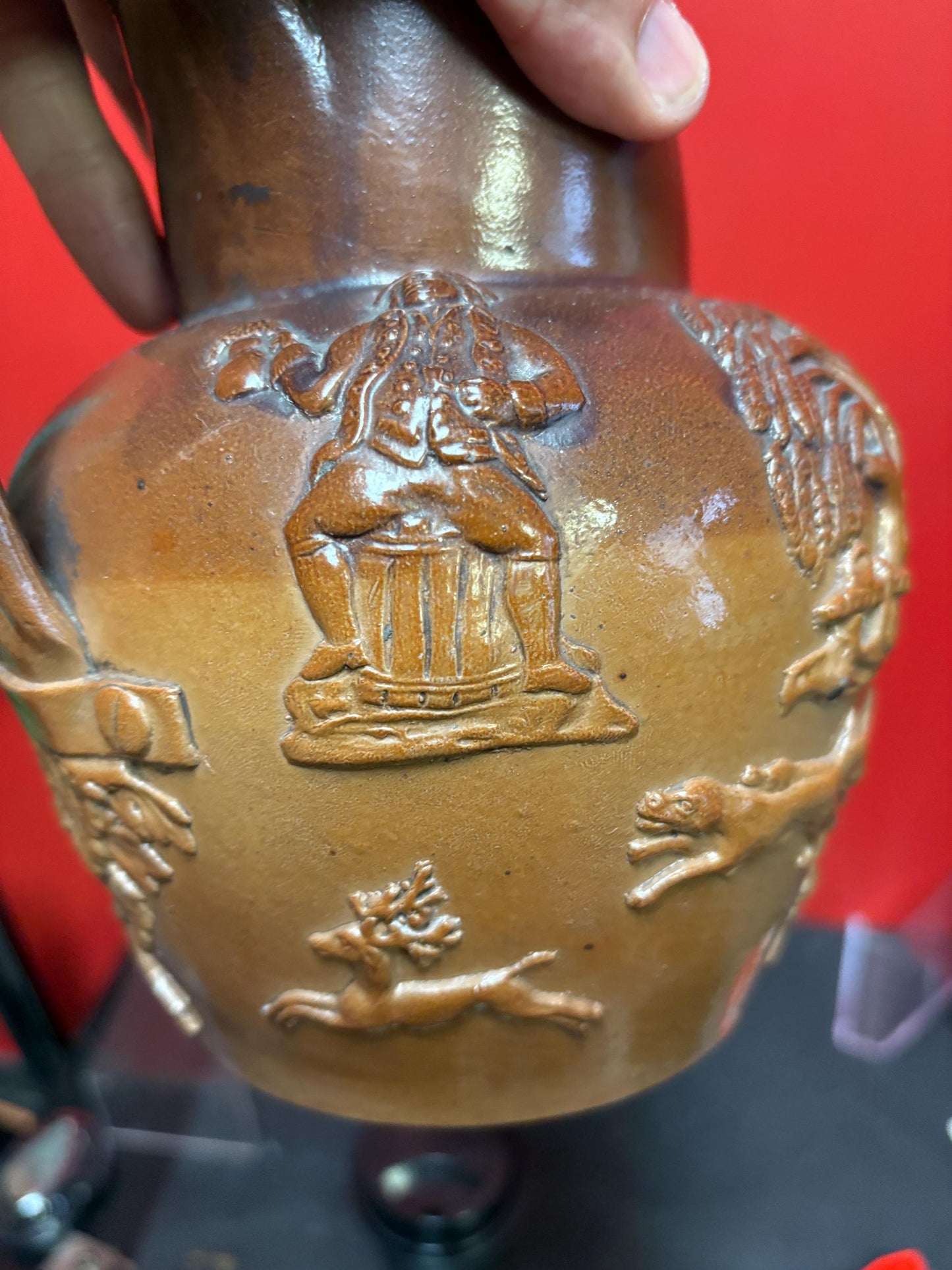 Beautiful English antique Royal Doulton style jug with pewter top great condition 8 inches tall- pewter top little loose hunting scene