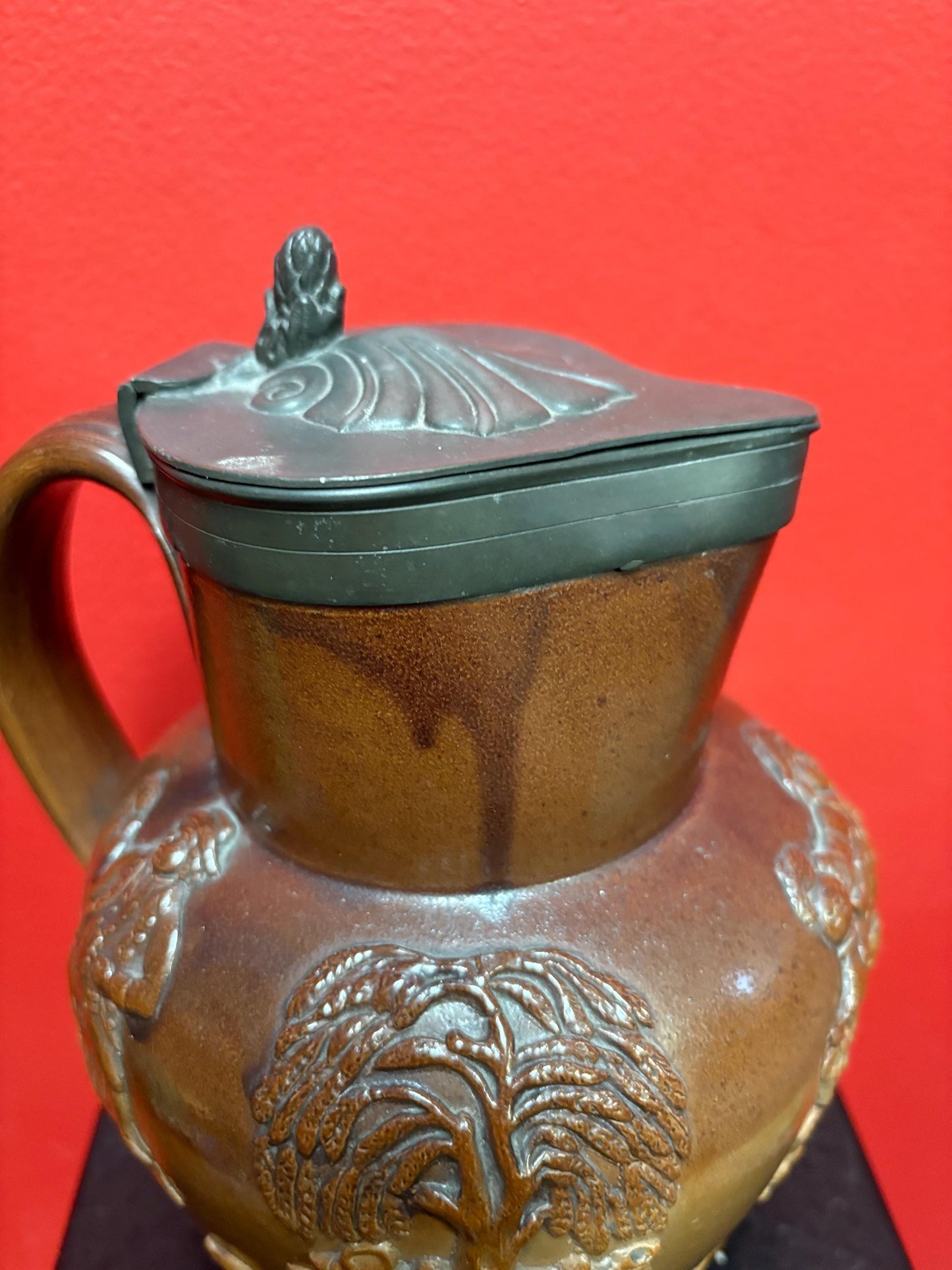 Beautiful English antique Royal Doulton style jug with pewter top great condition 8 inches tall- pewter top little loose hunting scene