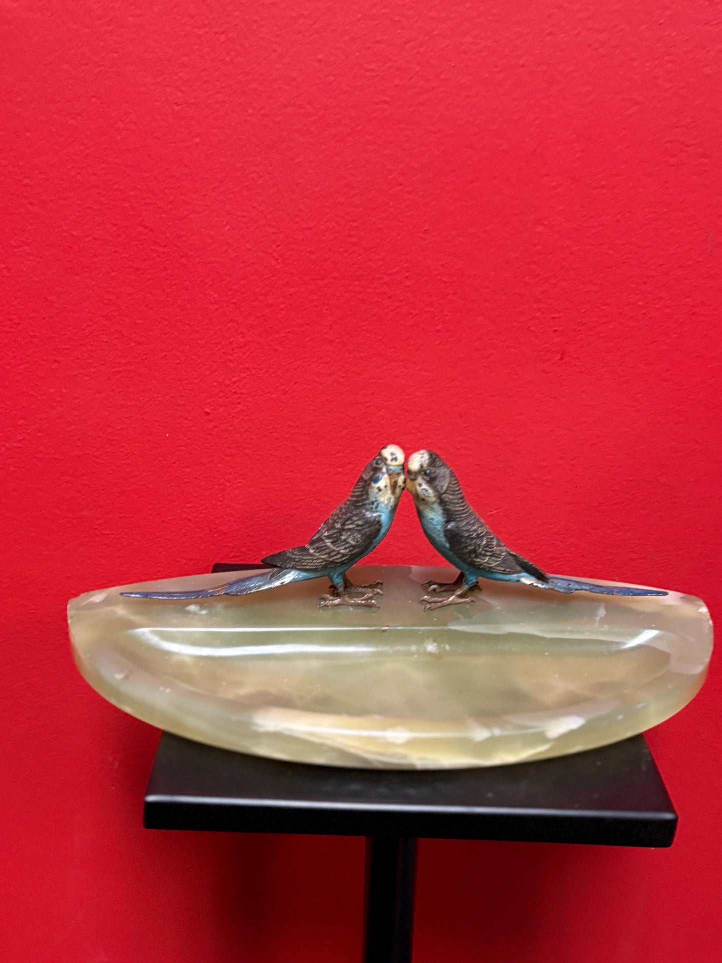 Stunning 11 x 5.5 x 3 inch high Austrian cold painted bronze budgies on onyx base  possibly Franz Bergman  small chips on base  wonderful