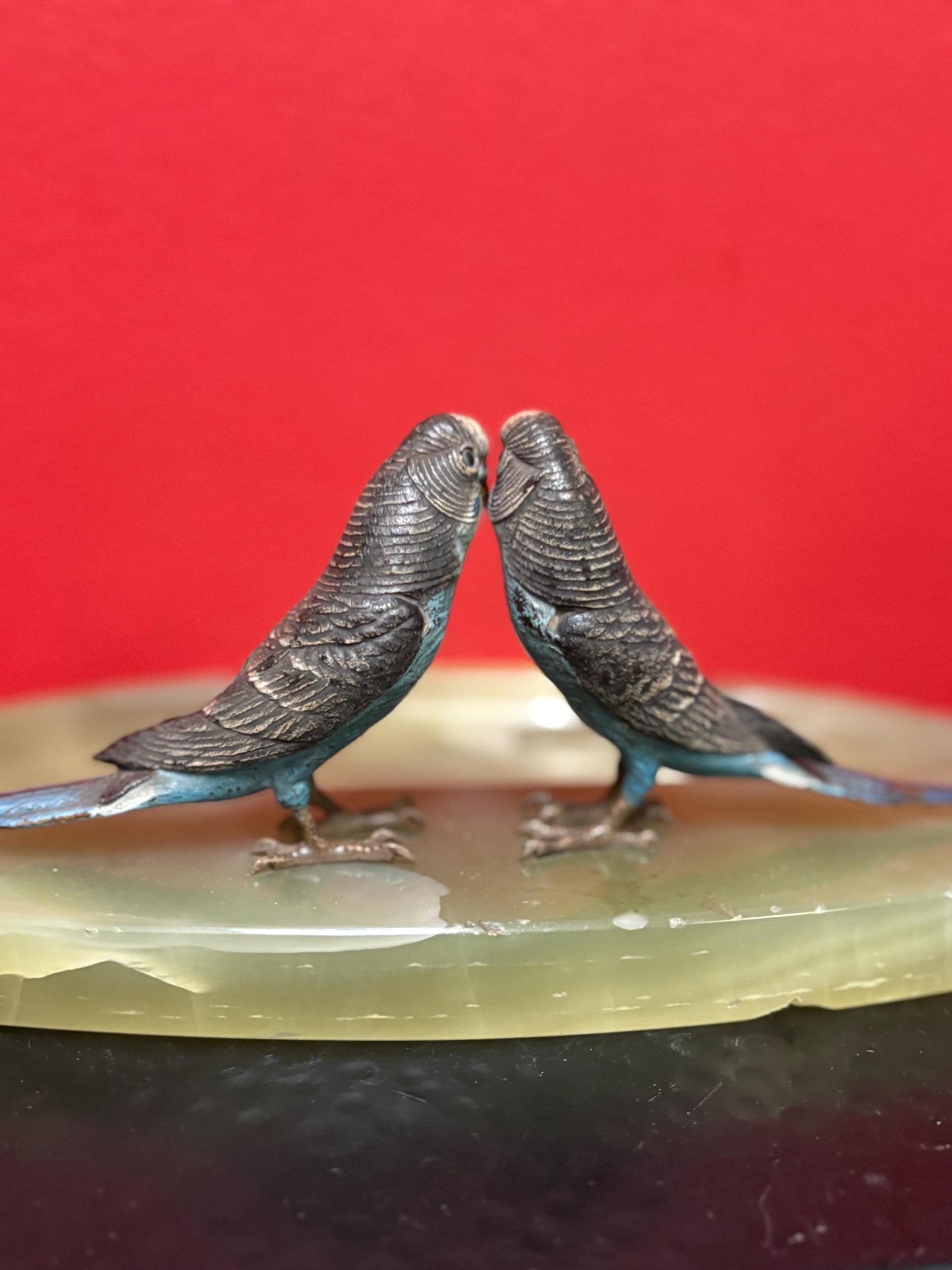 Stunning 11 x 5.5 x 3 inch high Austrian cold painted bronze budgies on onyx base  possibly Franz Bergman  small chips on base  wonderful