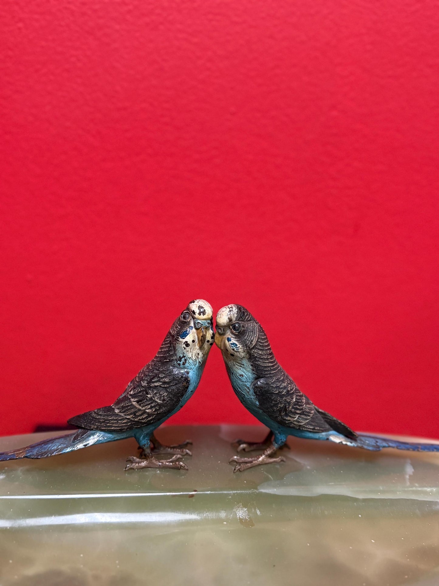 Stunning 11 x 5.5 x 3 inch high Austrian cold painted bronze budgies on onyx base  possibly Franz Bergman  small chips on base  wonderful