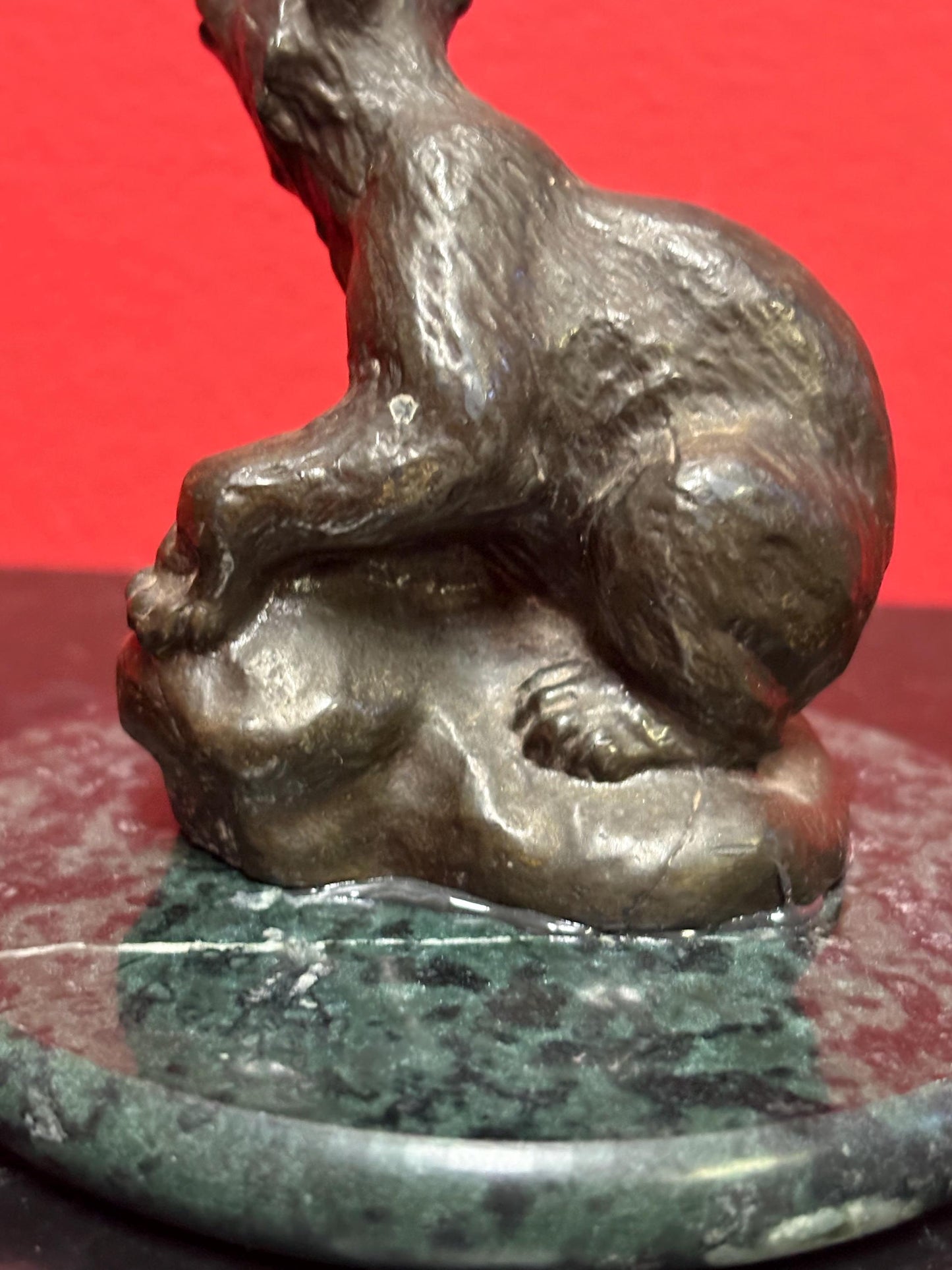 Lovely little 4 inch high antique bronze statue of a bear glued on a marble stand  nice detail and great value