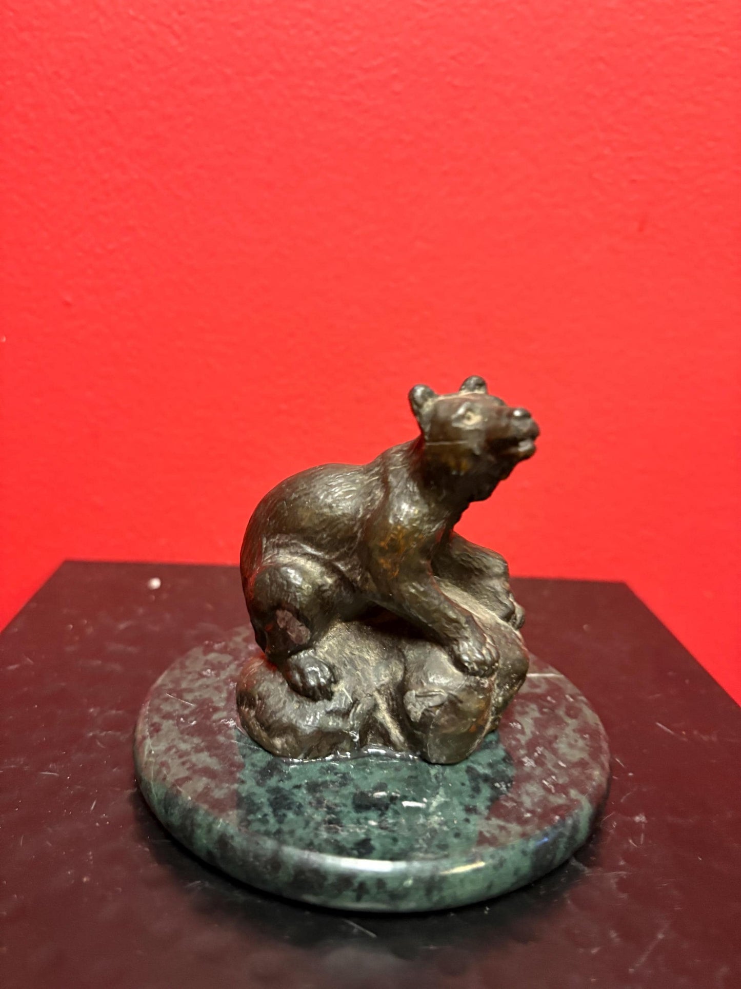Lovely little 4 inch high antique bronze statue of a bear glued on a marble stand  nice detail and great value