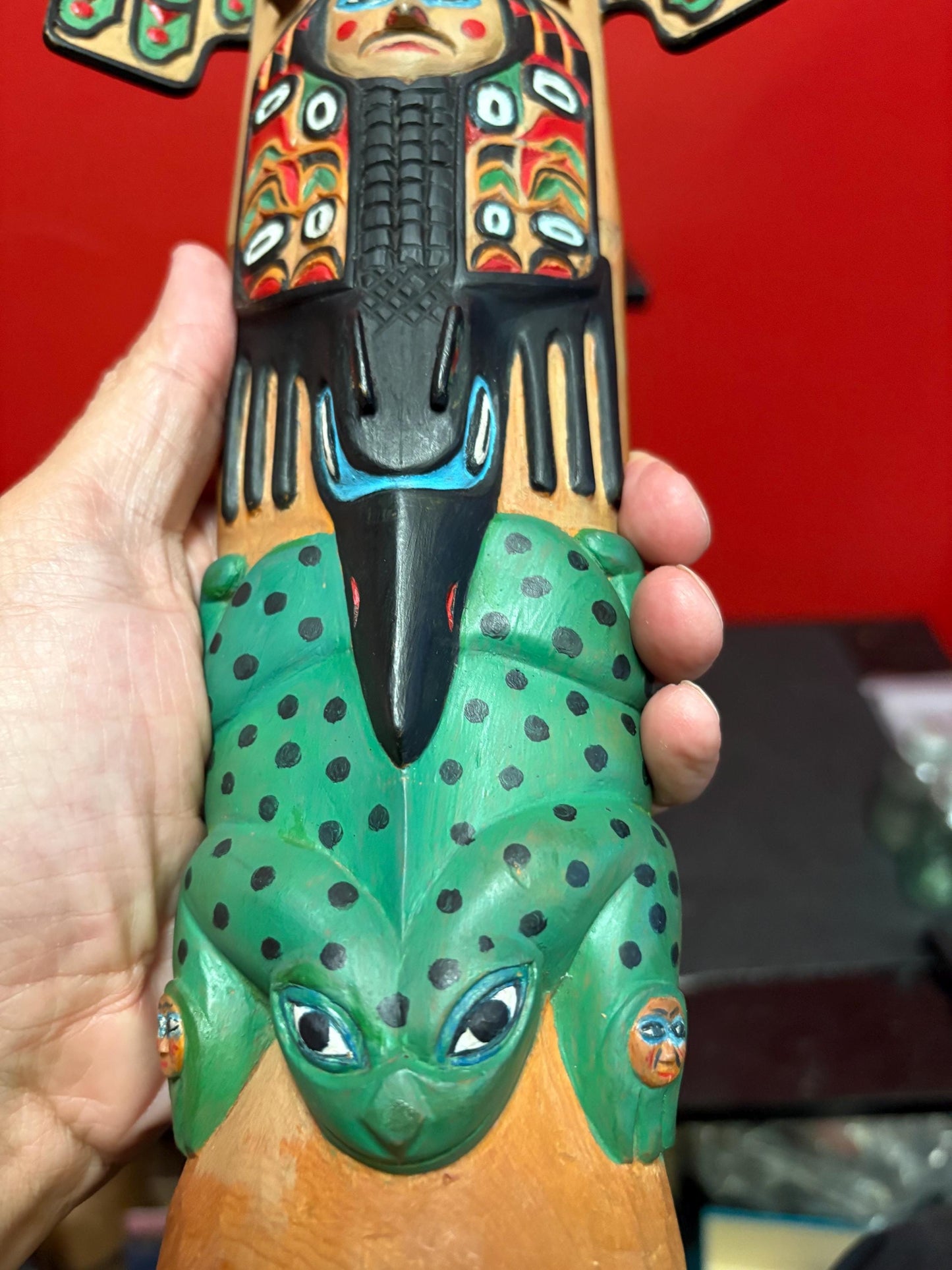 Magnificent museum quality 17 inch tall early 1900s polychrome painted unsigned indigenous first nations pacific Northwest coast totem pole