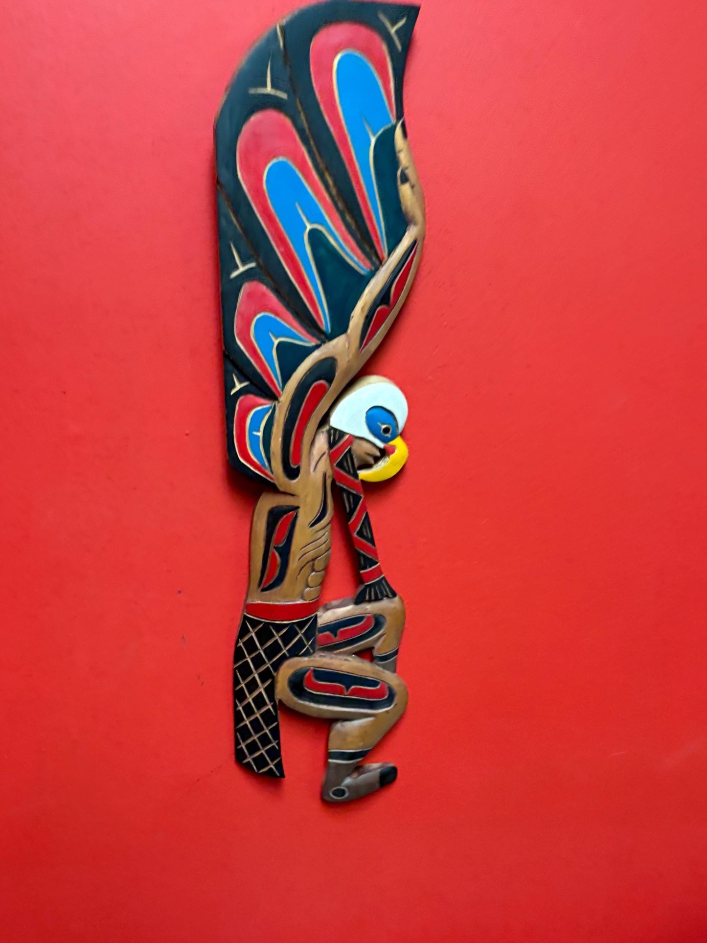 Magnificent 22 x 5 indigenous first nations Pacific Northwest Coast unsigned Eagle Man transformation plaque - amazing detail - wow