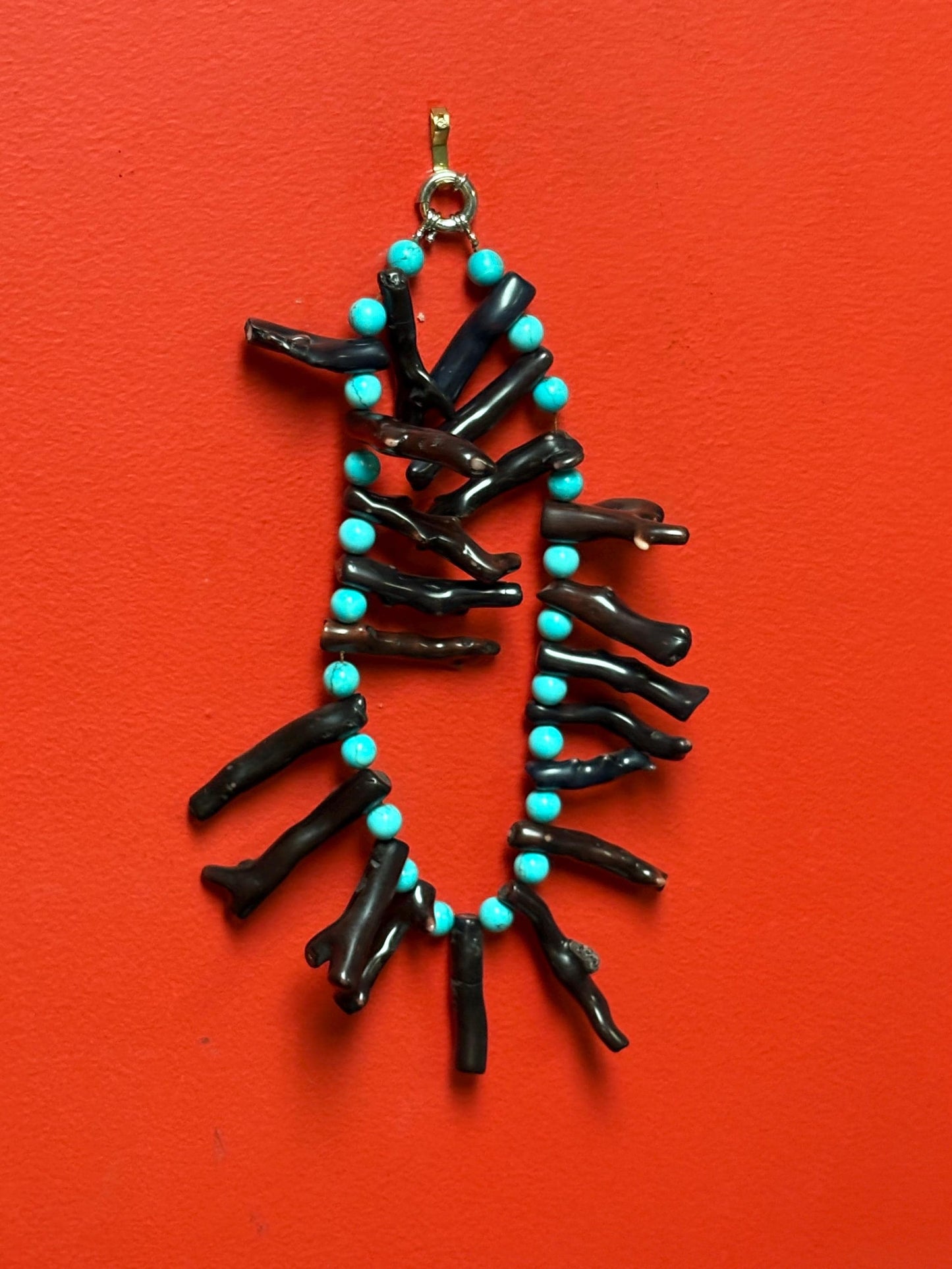 Magnificent approximately 21 inch long Navajo indigenous turquoise and coral necklace absolute statement piece wow - B -