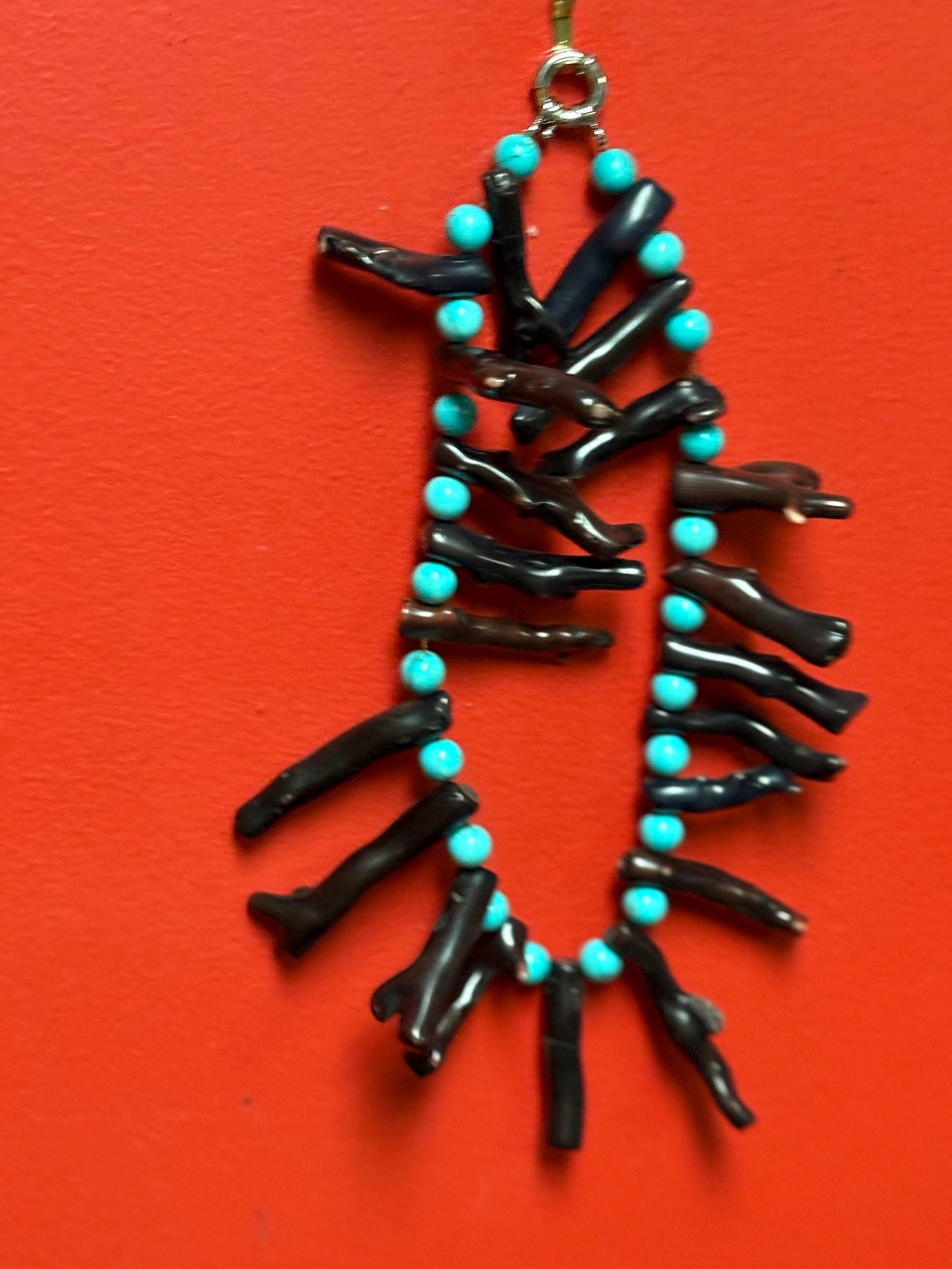 Magnificent approximately 21 inch long Navajo indigenous turquoise and coral necklace absolute statement piece wow - B -