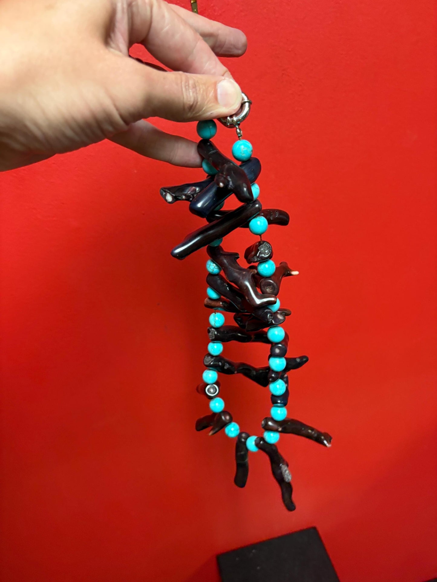 Magnificent approximately 21 inch long Navajo indigenous turquoise and coral necklace absolute statement piece wow - B -