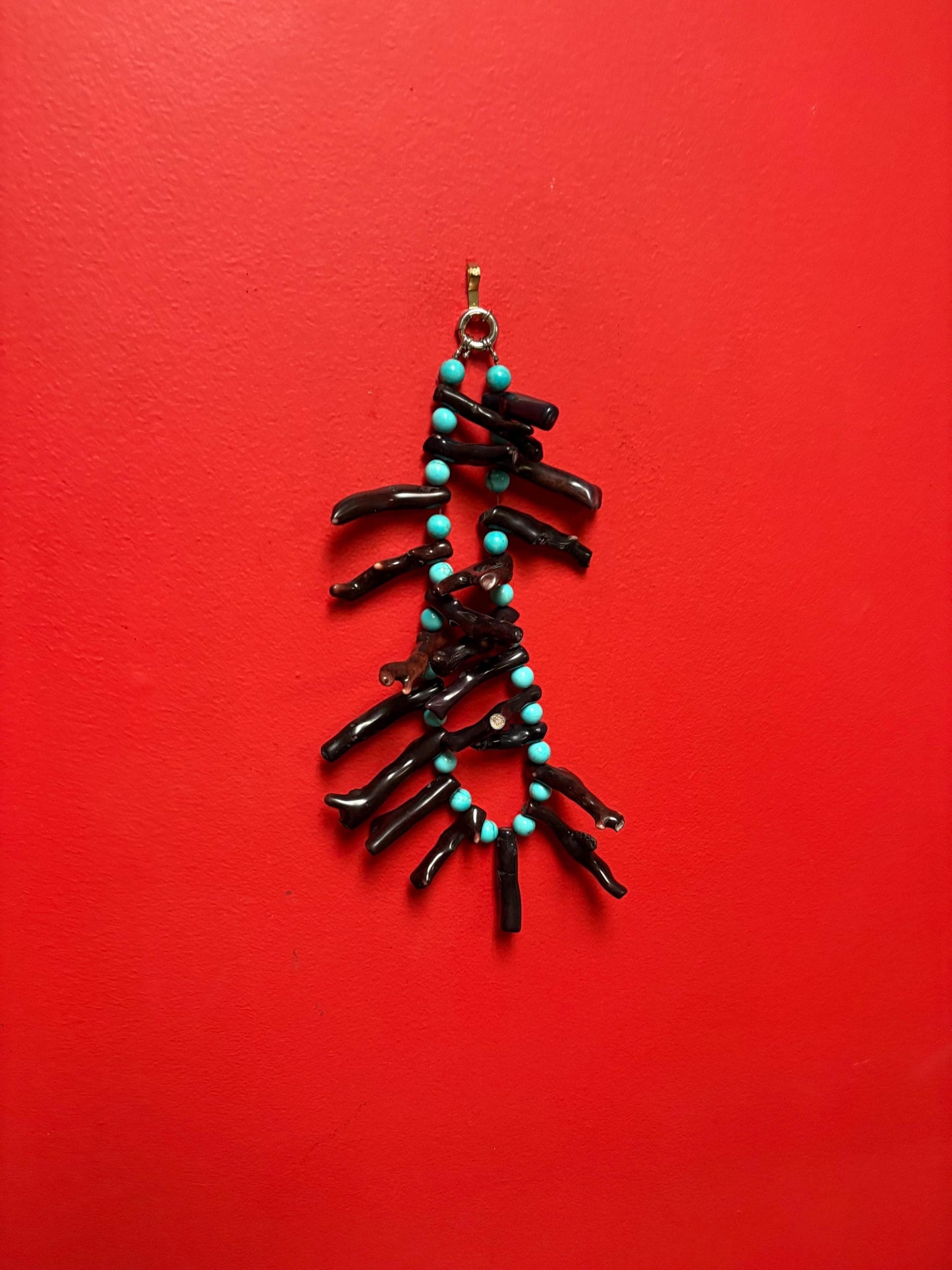 Magnificent approximately 21 inch long Navajo indigenous turquoise and coral necklace absolute statement piece wow - B -