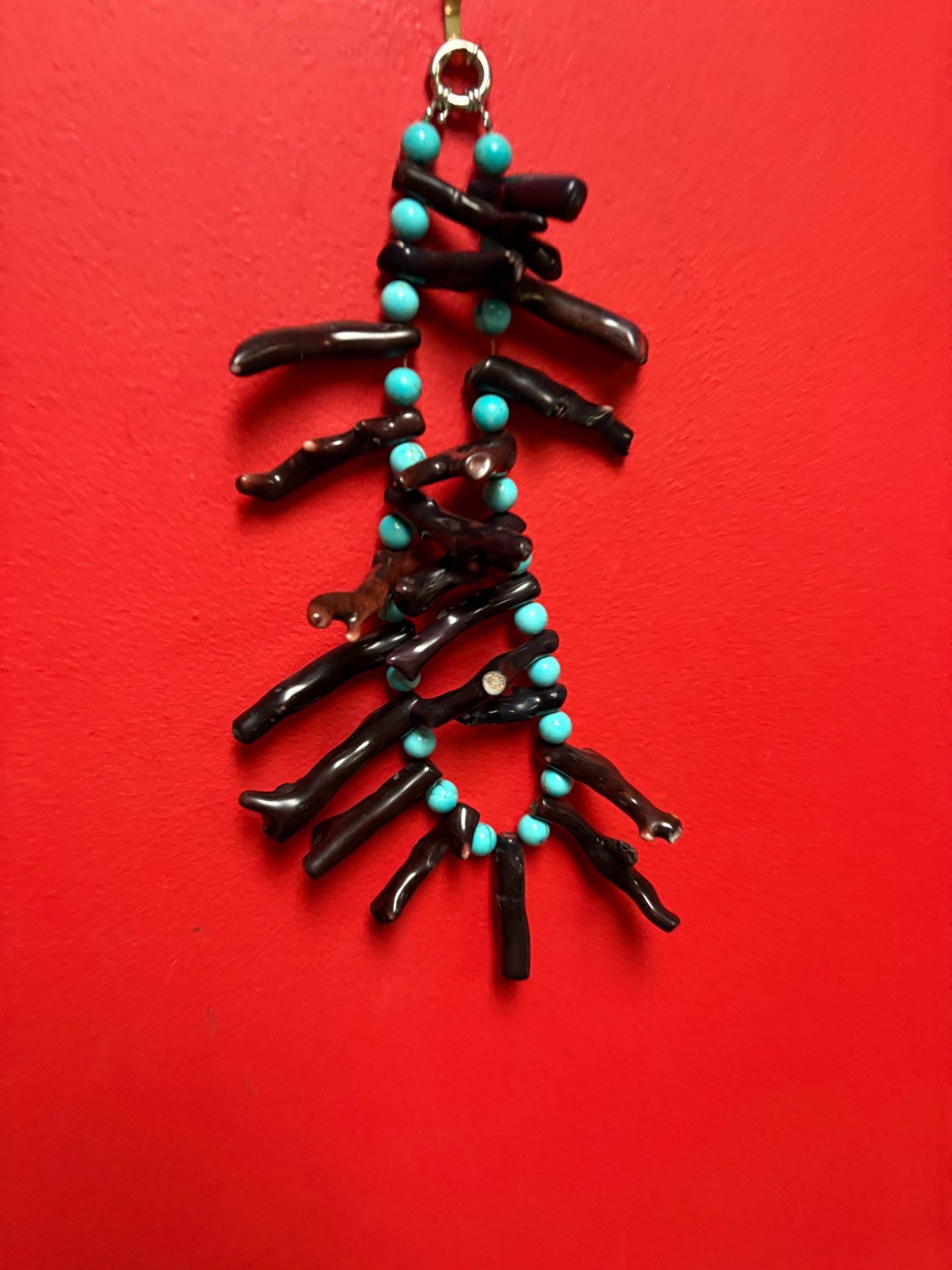 Magnificent approximately 21 inch long Navajo indigenous turquoise and coral necklace absolute statement piece wow - B -
