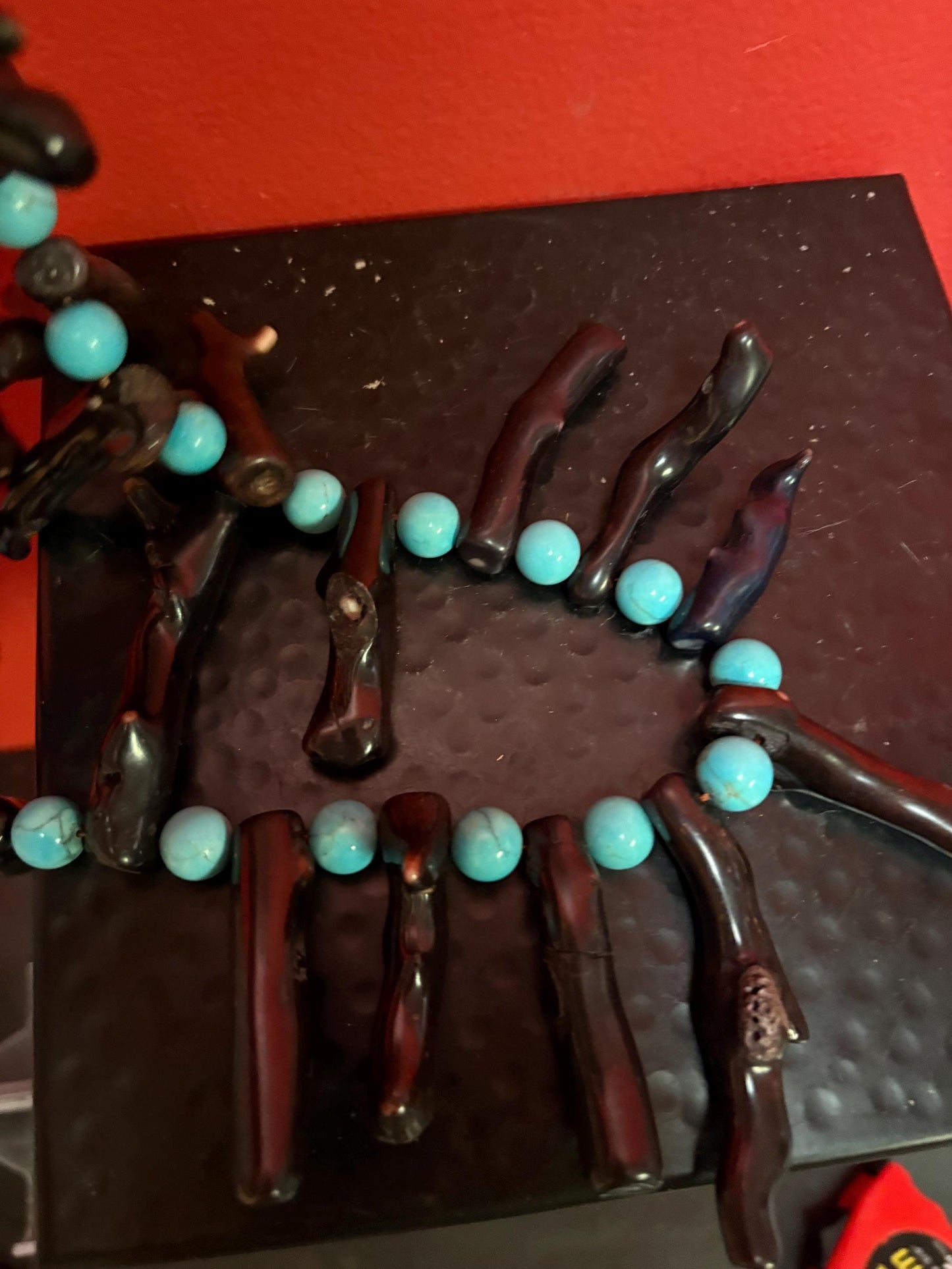 Magnificent approximately 21 inch long Navajo indigenous turquoise and coral necklace absolute statement piece wow - B -