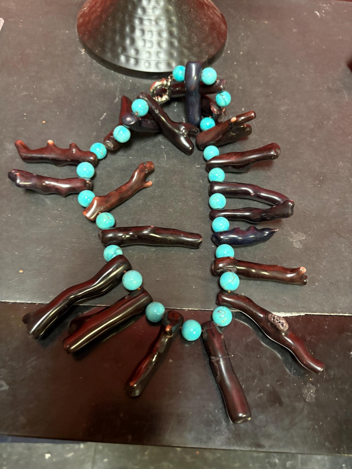 Magnificent approximately 21 inch long Navajo indigenous turquoise and coral necklace absolute statement piece wow - B -