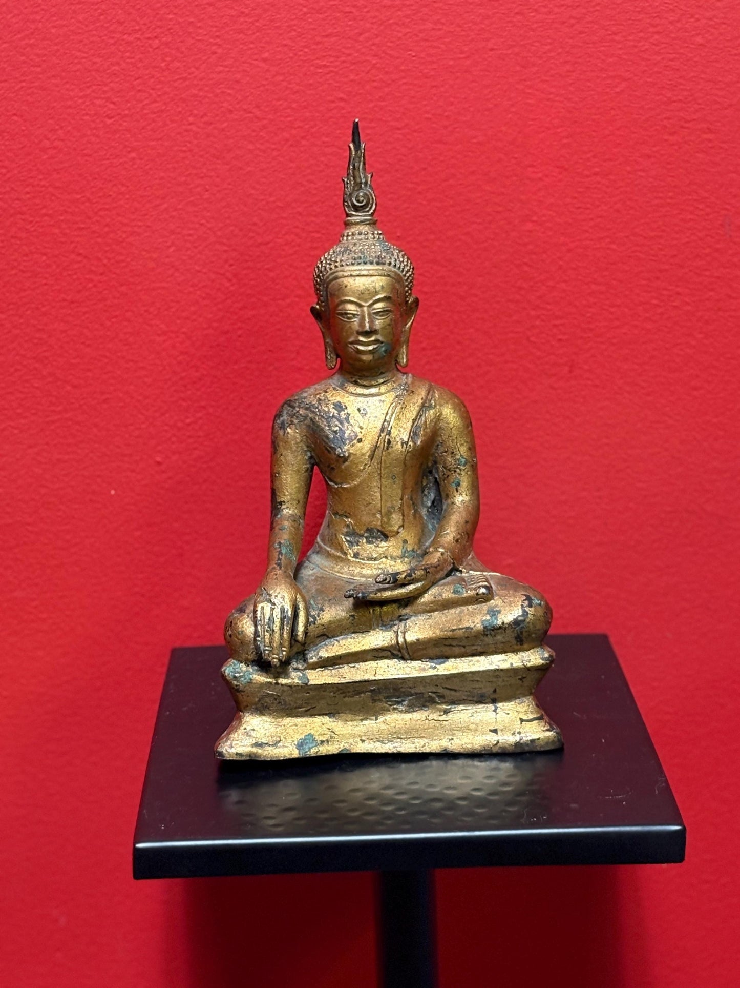 Magnificent museum quality 18 century THAI 9 1/2 x 5 wide gilded bronze seated statue of a Buddha  amazing patina -  wow