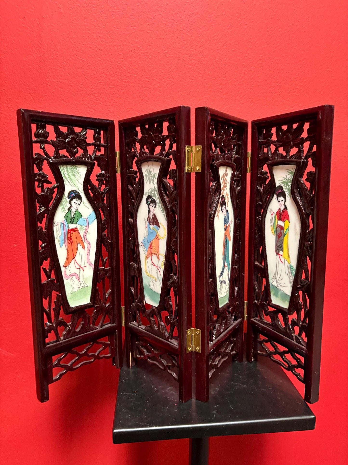 Stunning Chinese 17 x 12 high four seasons panel screen wooden and porcelain double-sided fabulous gift good value