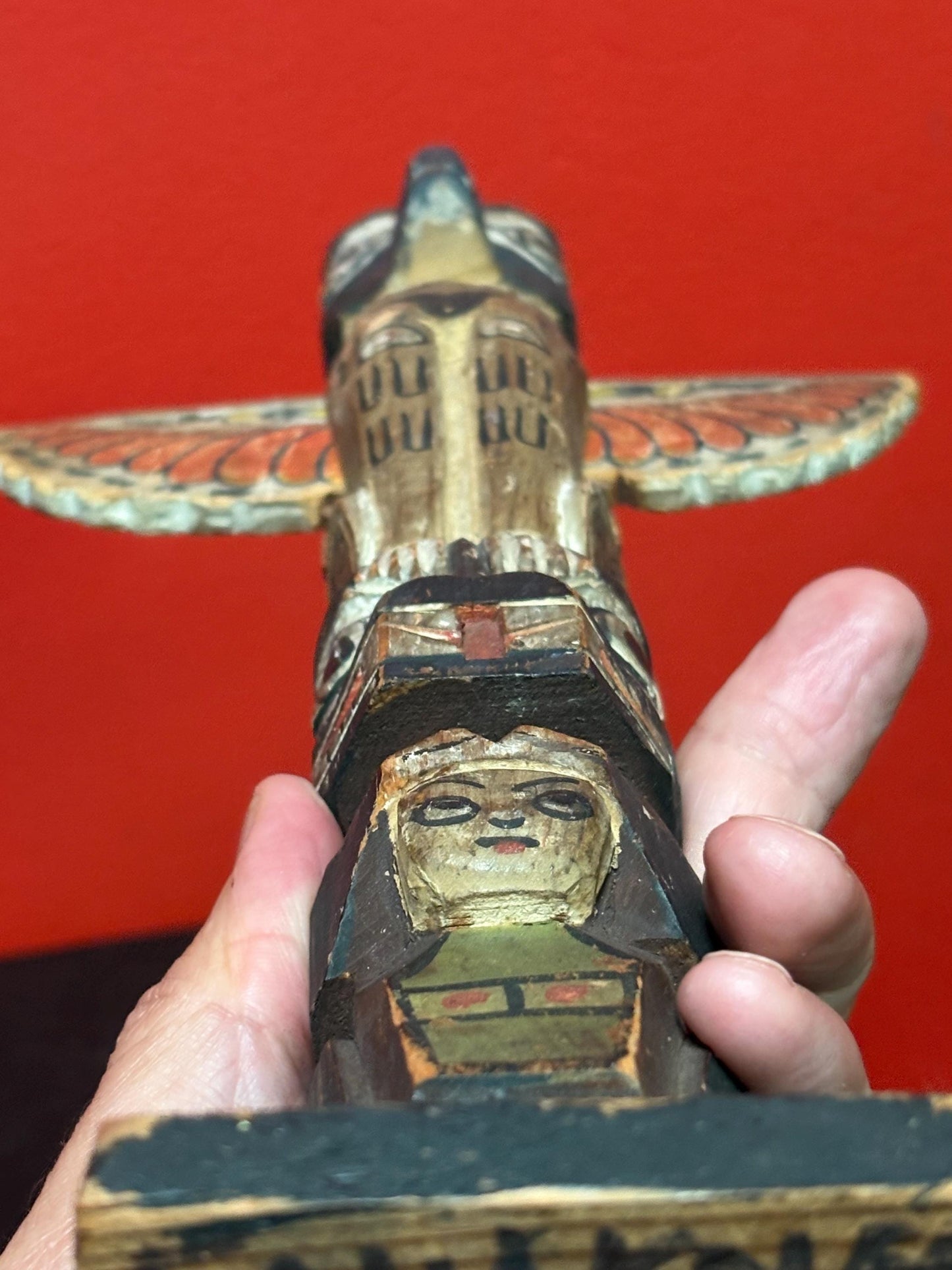 Stunning antique polychrome indigenous first nation pacific north West Coast 12 1/2 x 6 wide totem pole  wonderful condition wow piece -