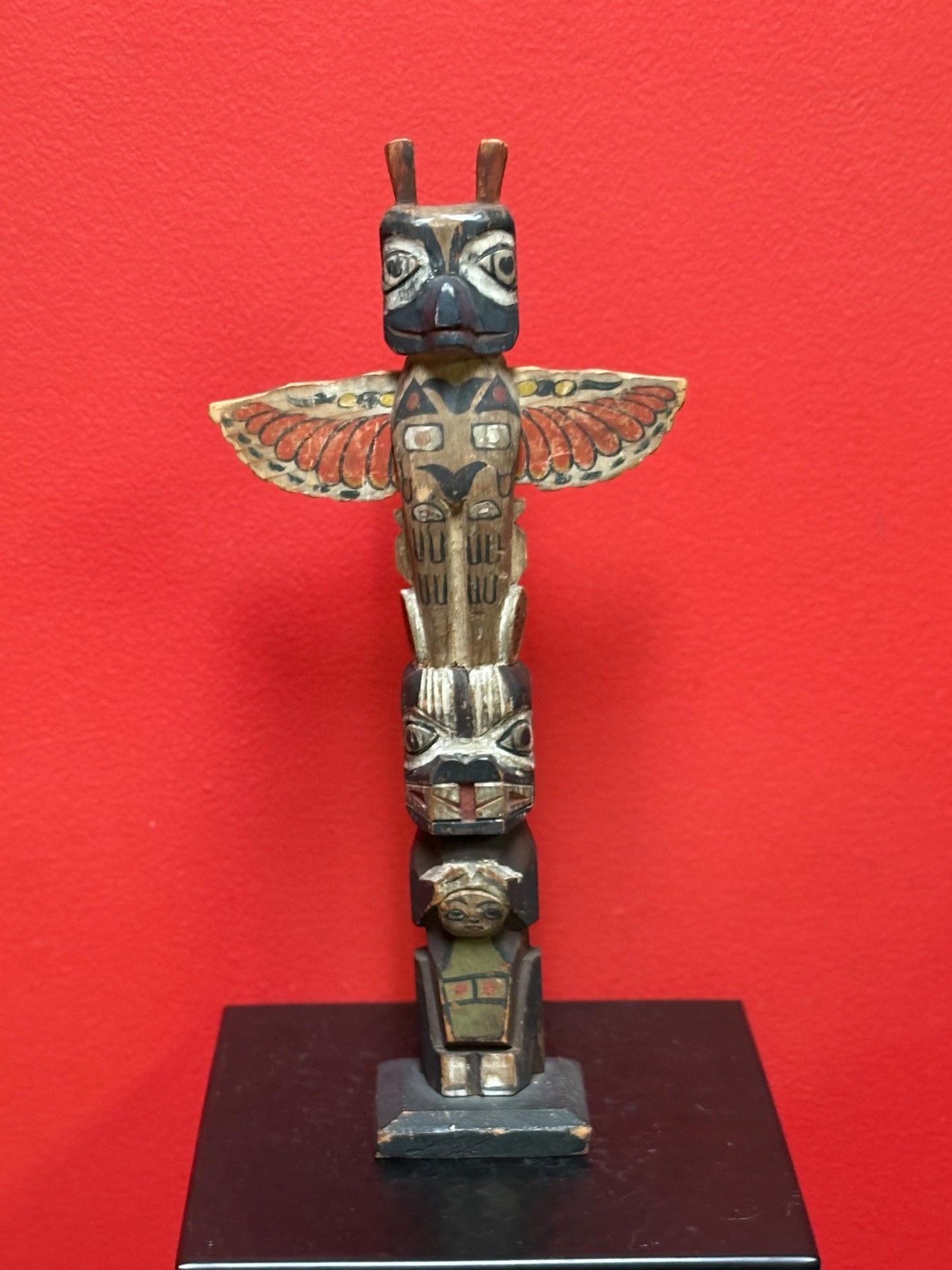 Stunning antique polychrome indigenous first nation pacific north West Coast 12 1/2 x 6 wide totem pole  wonderful condition wow piece -