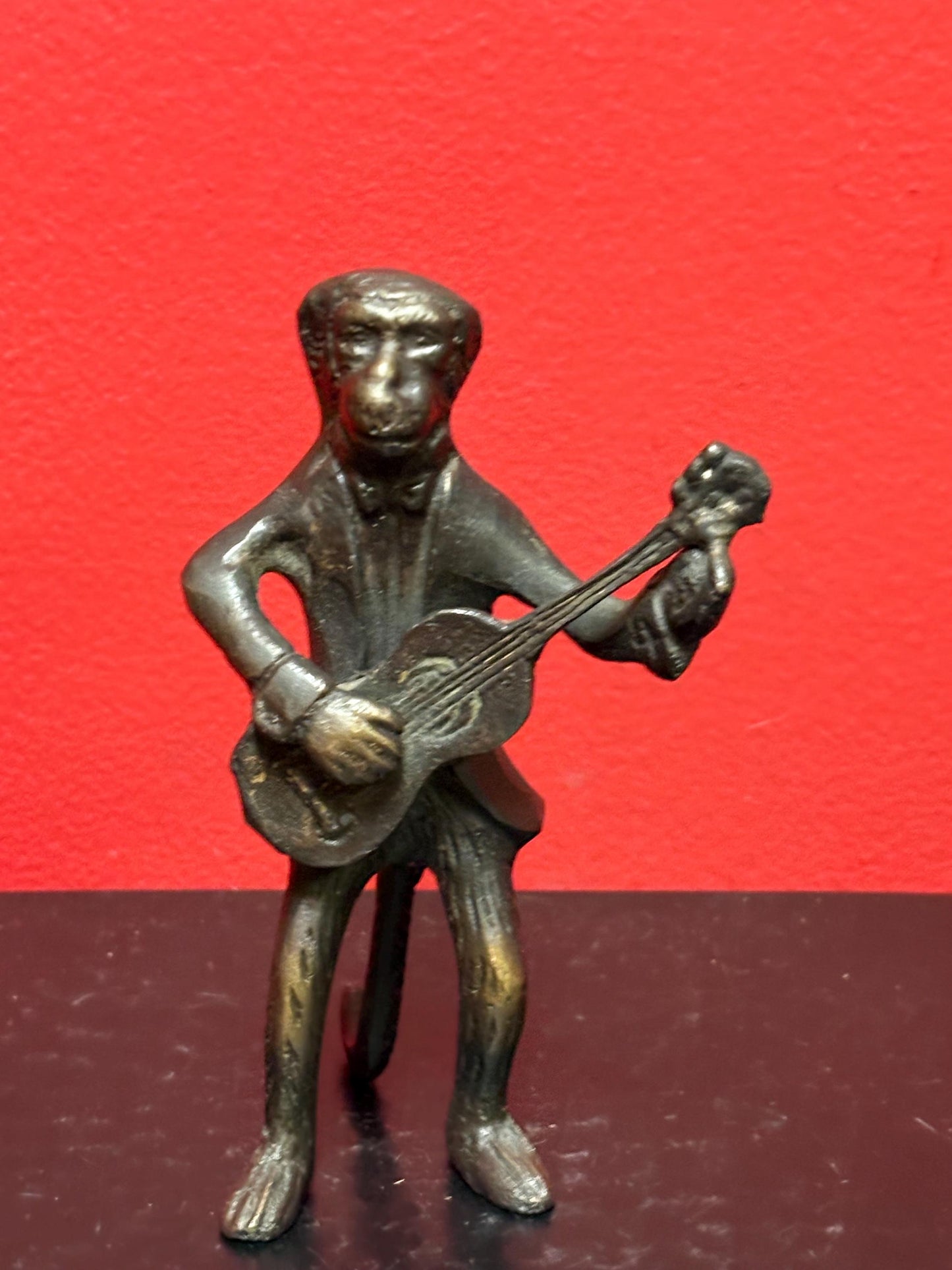 Beautiful antique bronze monkey playing the guitar  great Patina  and 5 inches tall  amazing gift  monkey business