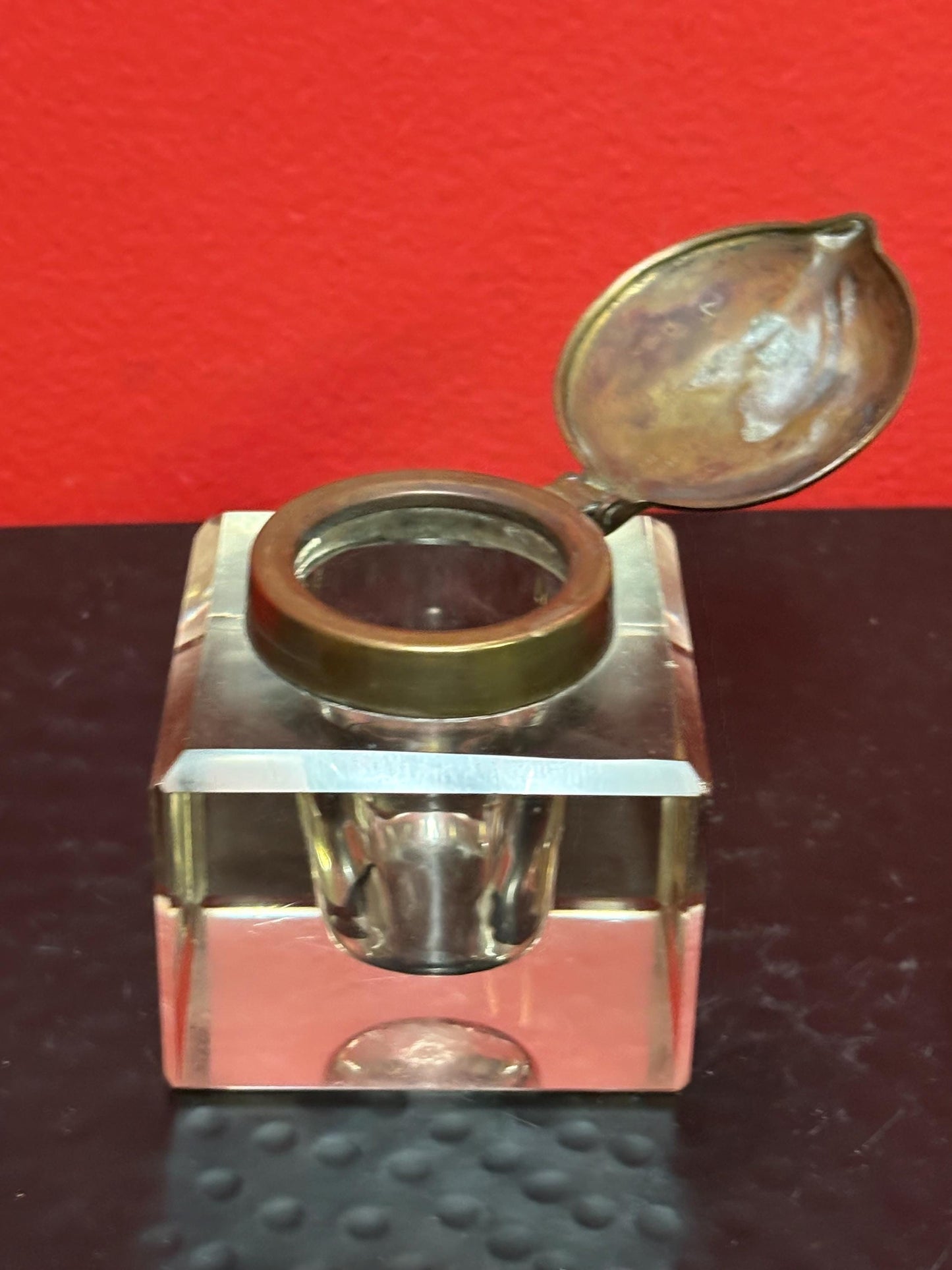 Beautiful 2 1/2 x 2 high bronze and crystal art nouveau inkwell in perfect condition