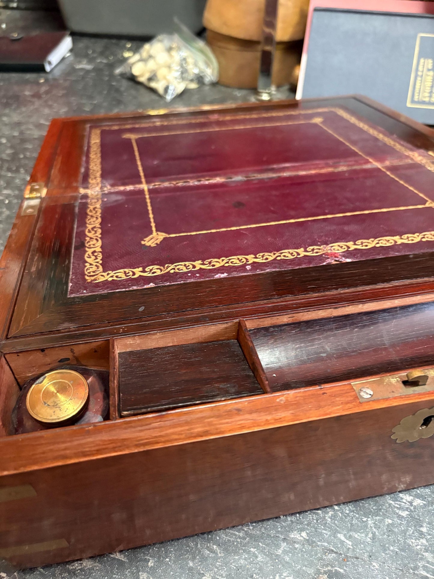 Beautiful 16 x 10 x 6 inch antique walnut and brass lap desk with original inkwells  amazing condition  see photos