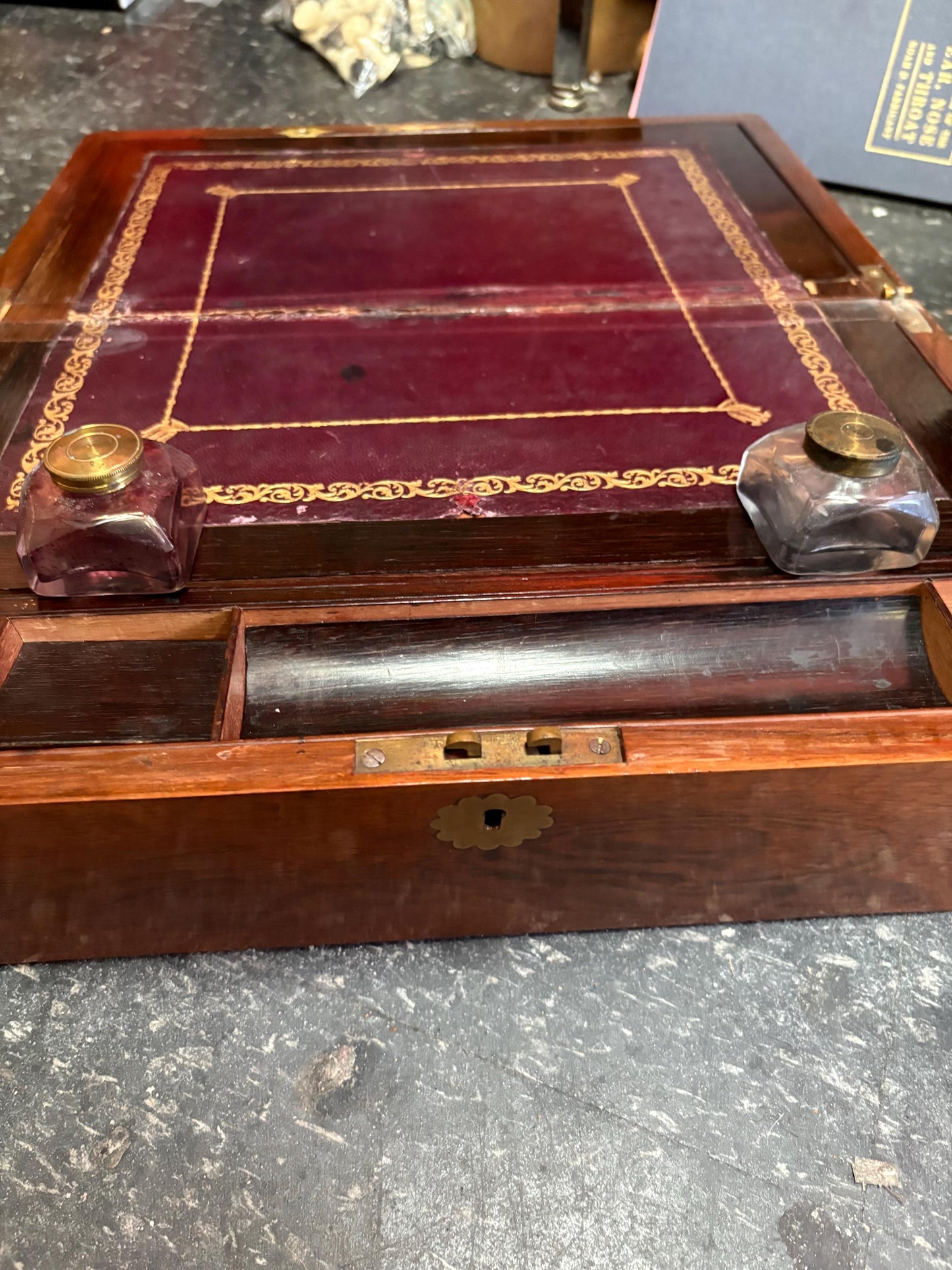 Beautiful 16 x 10 x 6 inch antique walnut and brass lap desk with original inkwells  amazing condition  see photos