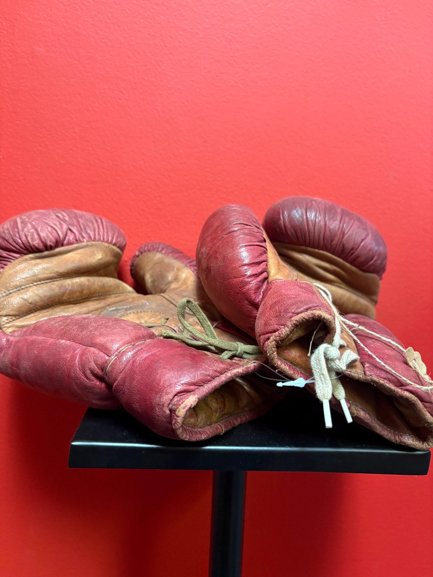 Amazing pair of 9 inch long antique leather boxing gloves  great condition for age  see photos  perfect gift