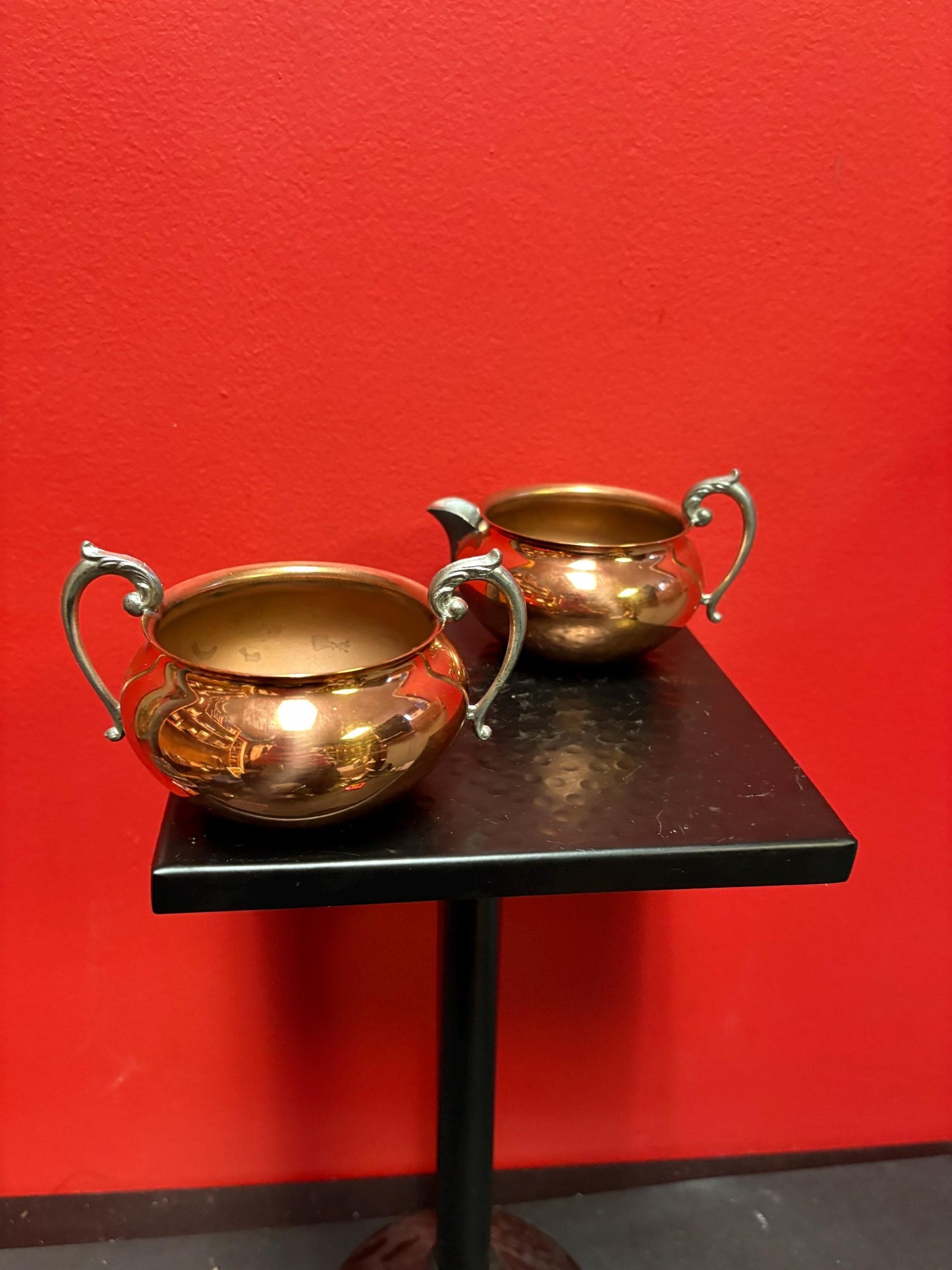 beautiful 4.5 x 2 inch high copper and silver plate curling cream and sugar great gift nice condition curling