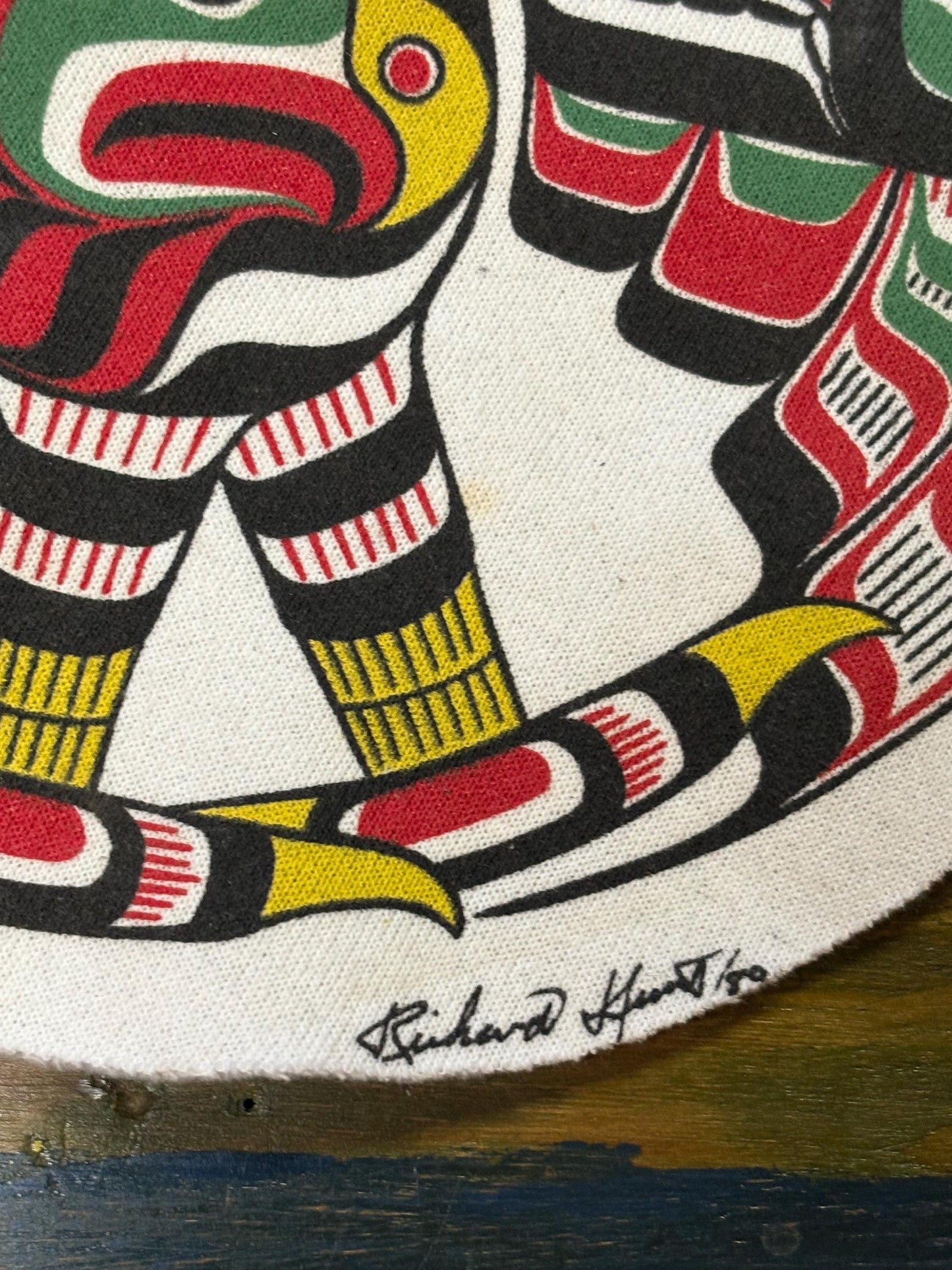 amazing indigenous first nations Pacific north West Coast signed Richard Hunt felt  patch  11 1/2 inches  wow