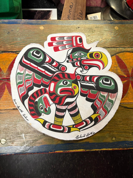 amazing indigenous first nations Pacific north West Coast signed Richard Hunt felt  patch  11 1/2 inches  wow