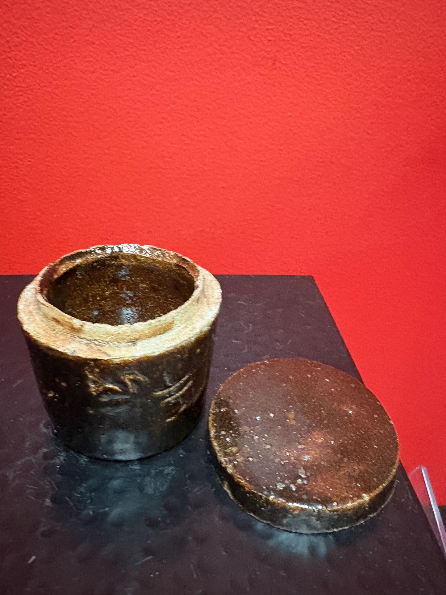 Absolutely beautiful museum quality rare  pre  1800 Chinese soy glazed clay pot with lid  fabulous condition and intense beauty