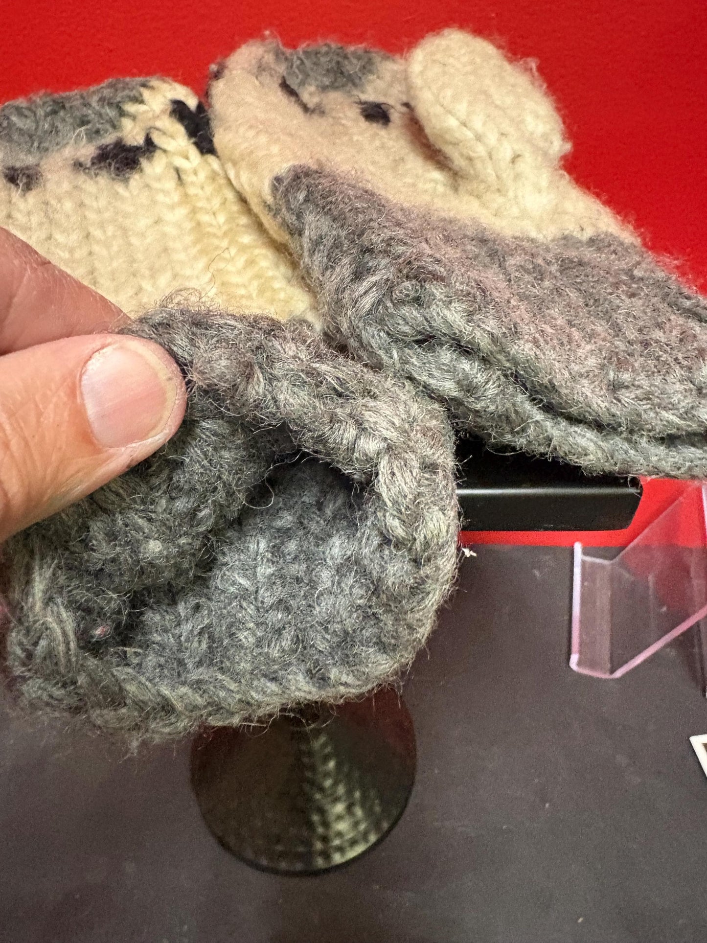 Canadian indigenous Cowichan wool handmade mittens — 10 inches long — good for big hand — need a little cleaning— good value